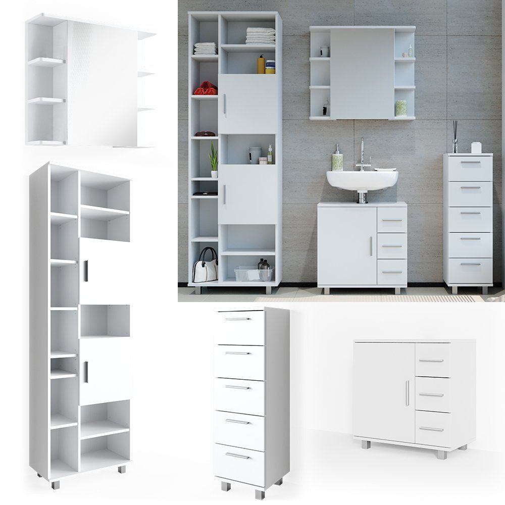 Vicco Badmöbel-Set Ilias, Weiß, 4 Teile, mit Hochschrank, (Badezimmerset, 4-St., 4er Set)