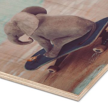 Posterlounge Holzbild Gen Z, Kleiner Elefant fährt Skateboard, Babyzimmer Maritim Kindermotive