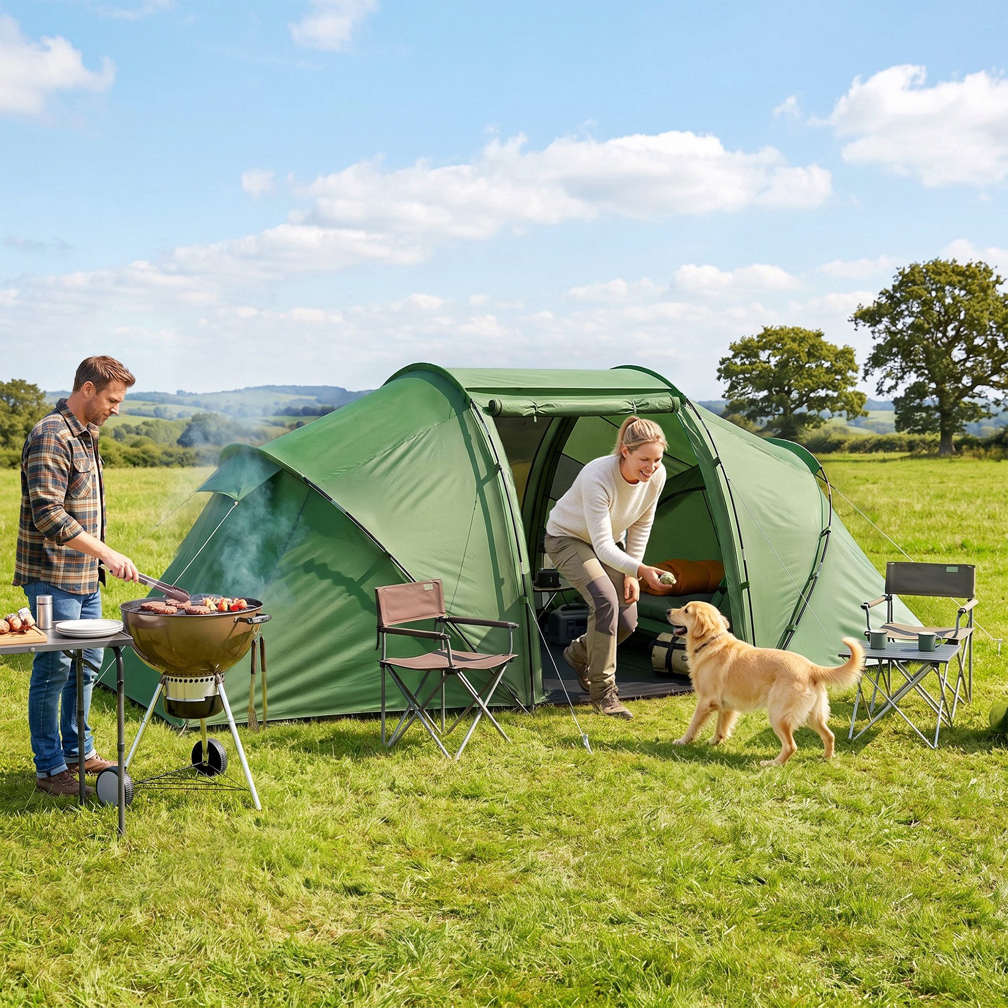 Outsunny Tunnelzelt Campingzelt mit Tür, Bodenplane, 2000mm wasserdicht, Gruppenzelt, Personen: 4 (Familienzelt, 1 tlg., mit Transporttasche, 22 Heringe, 8 Abspannseile), für Camping Reise Trekking Garten, Grün