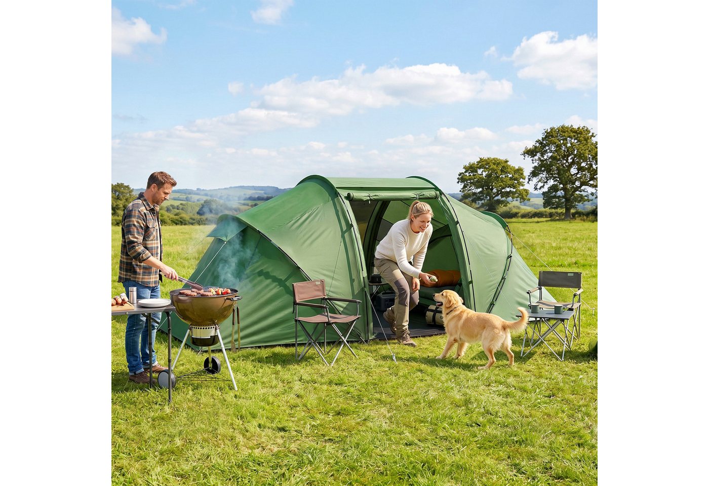 Outsunny Tunnelzelt Campingzelt mit Tür, Bodenplane, 2000mm wasserdicht, Gruppenzelt, Personen: 4 (Familienzelt, 1 tlg., mit Transporttasche, 22 Heringe, 8 Abspannseile), für Camping Reise Trekking Garten, Grün