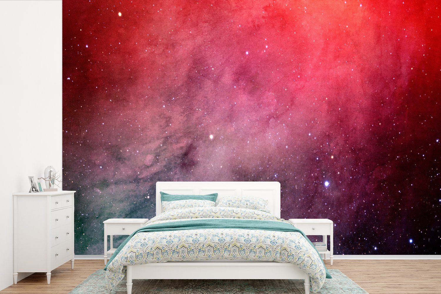 Schlafzimmer, Rot, Matt, Tapete - Vinyl Kinderzimmer, bedruckt, (6 MuchoWow für Wallpaper Sterne Fototapete - Aquarell St), Wohnzimmer,