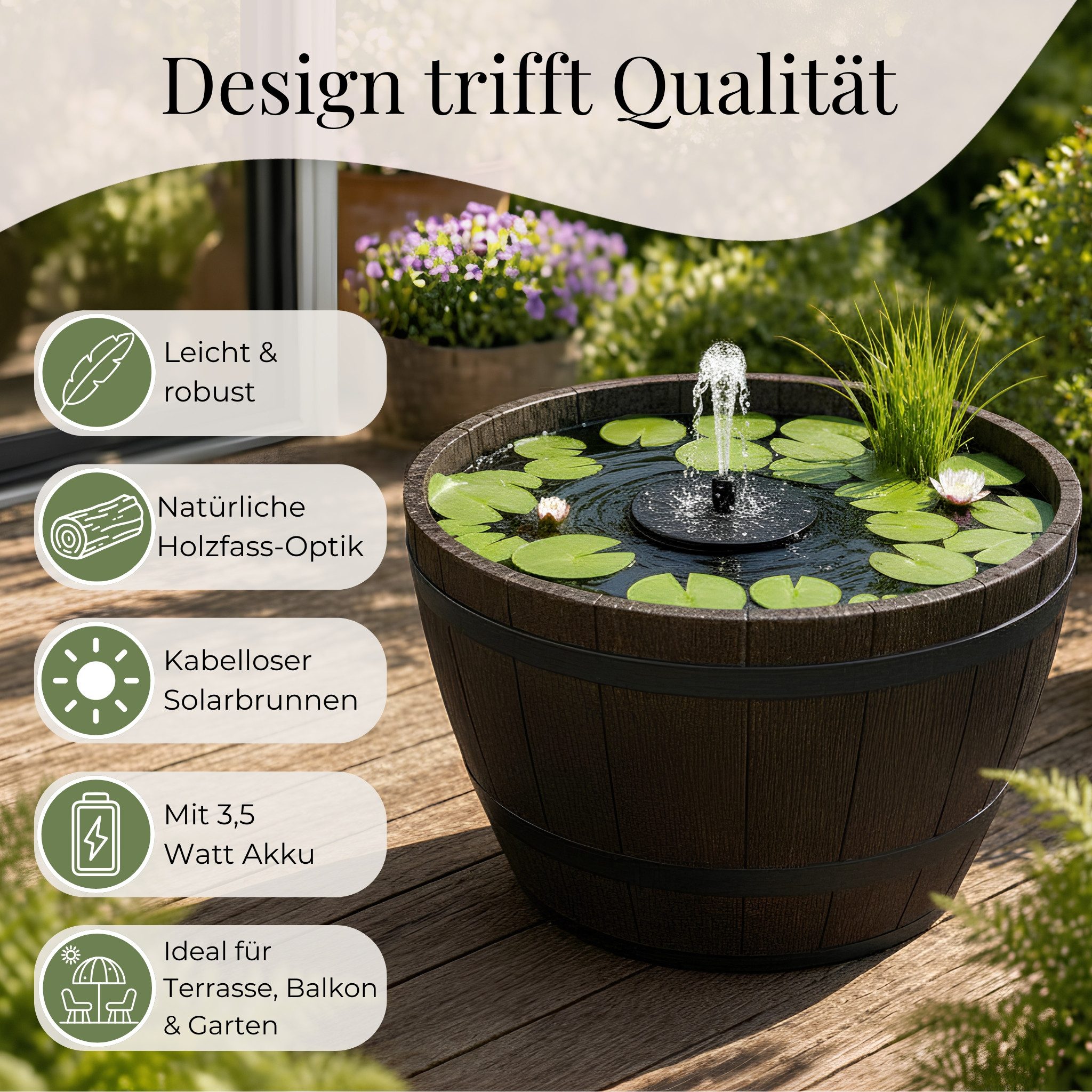 matches21 HOME & HOBBY Wasserspiel Solar Brunnen Set inkl. Akku - 51 cm Schale in Holzoptik braun, (2 tlg), Solar Springbrunnen und Brunnenschale als Gartendeko