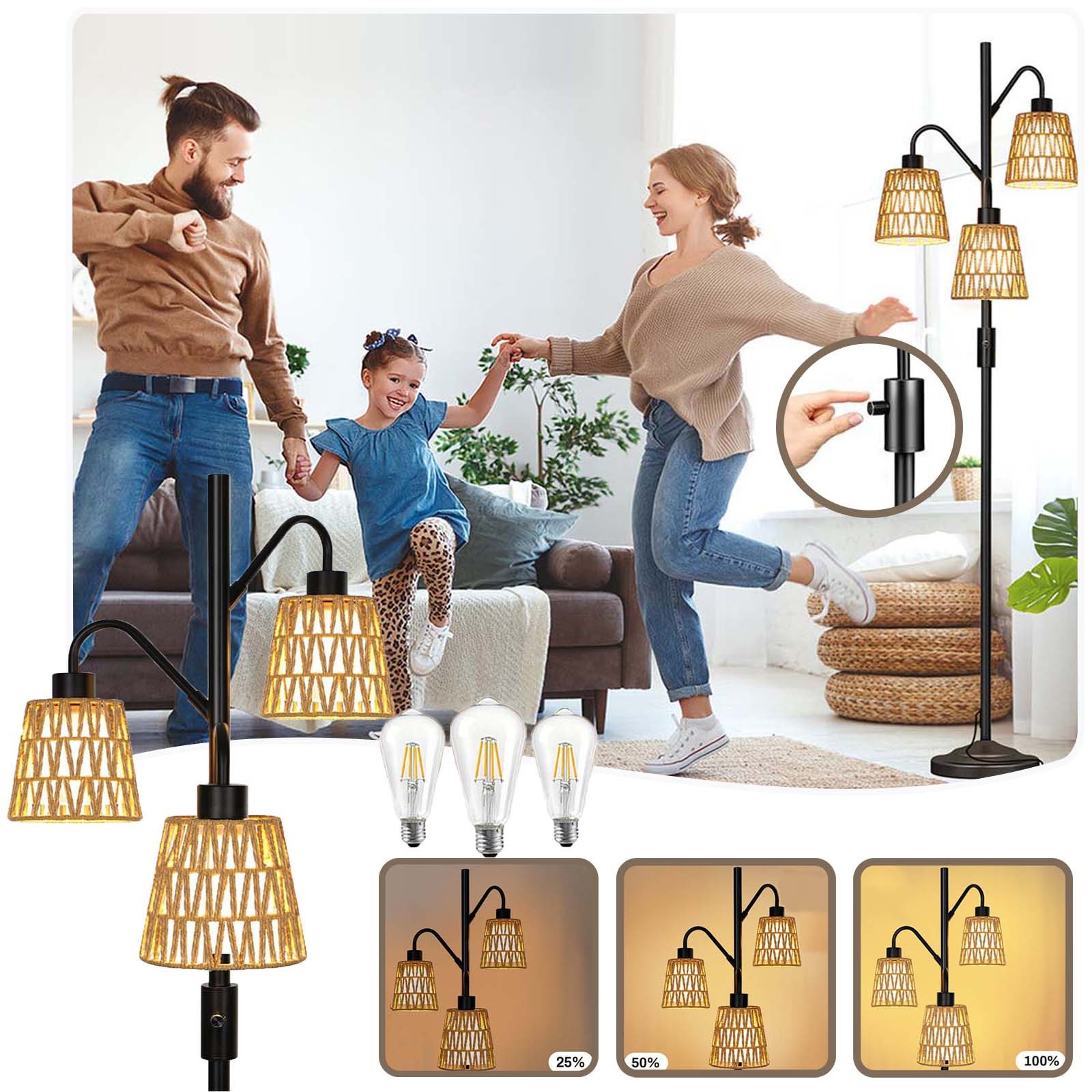 LED Stehlampe 3-flammig Boho-Rattan Stehleuchte mit Fußschalter, 183 cm