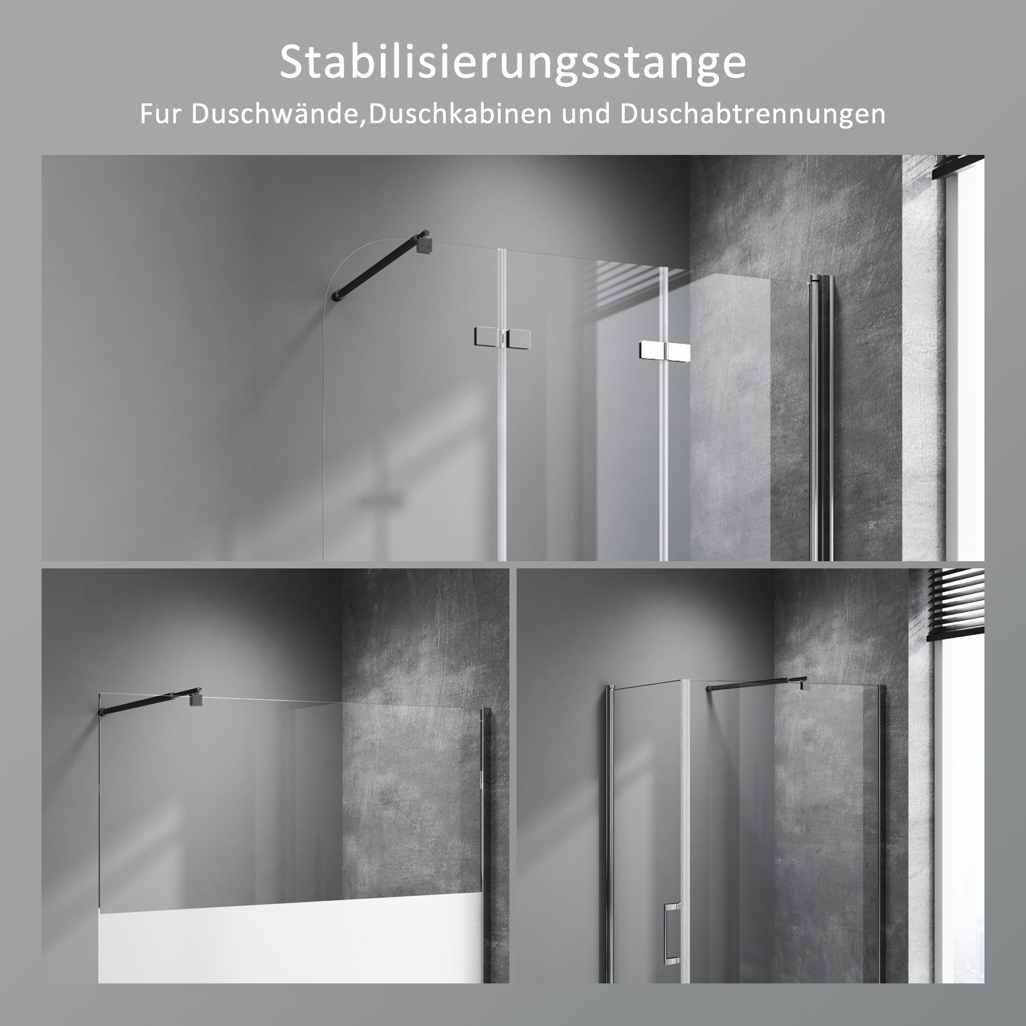 Boromal Duschwand-Stabilisationsstange Haltestange für 5-10 mm Walk In Duschwände Glaswand Stabilisator, justierbar 70-120cm Edelstahl / Schwarz – Bild 2 von 5
