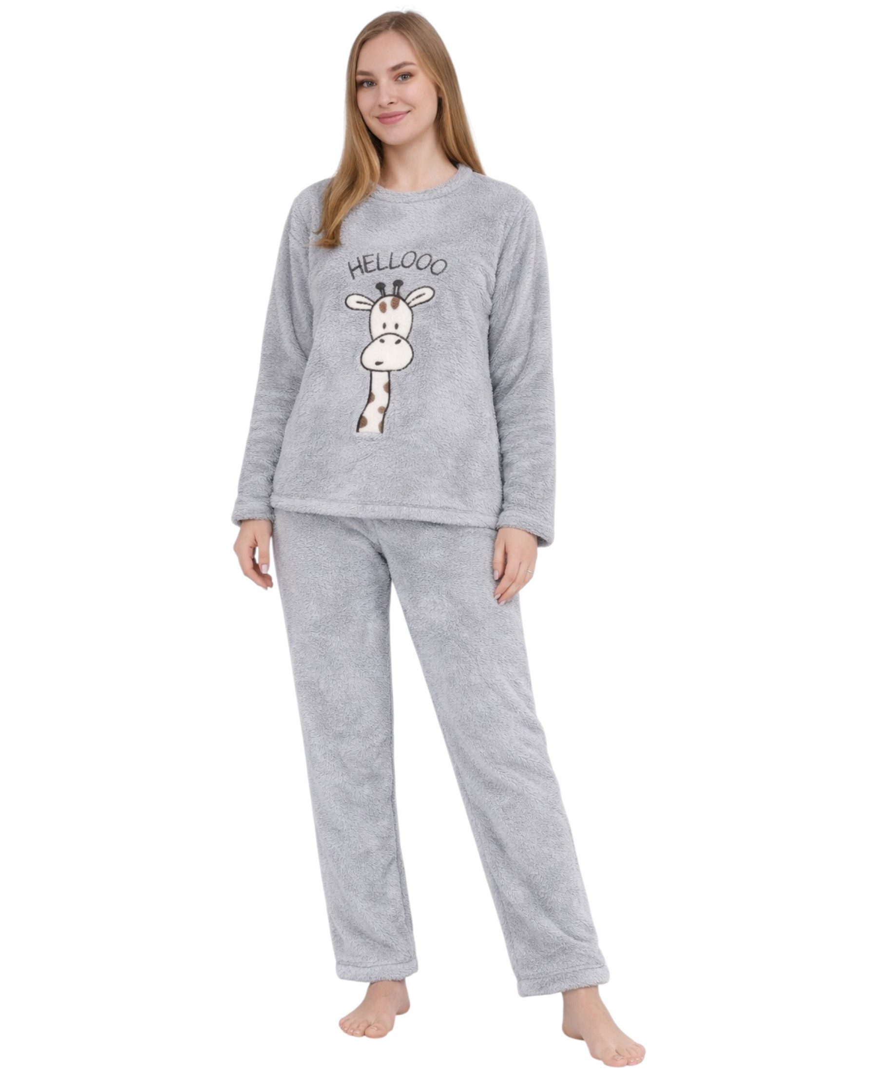 fashionshowcase Hausanzug Damen Winter Pyjama Set aus Plüsch, weicher Zweiteiler (Zweiteiliges Set (Langarmshirt und Hose) Kuscheliger Plüschstoff, modernes Design mit Schriftzug