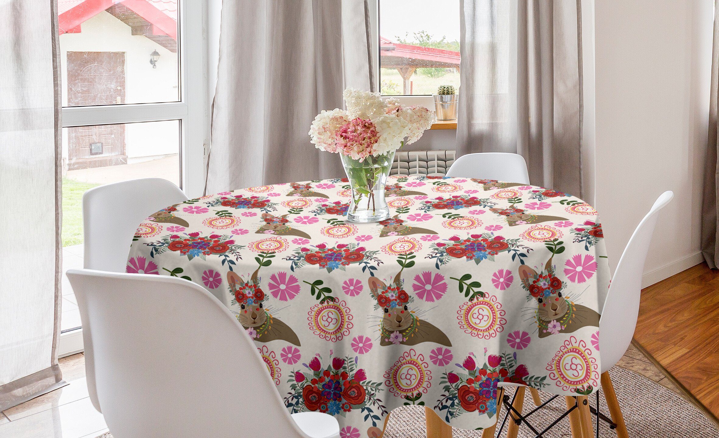Abakuhaus Tischdecke Kreis Tischdecke Abdeckung für Esszimmer Küche Dekoration, Blumen Hase mit Blumenkopfschmuck | Tischdecken