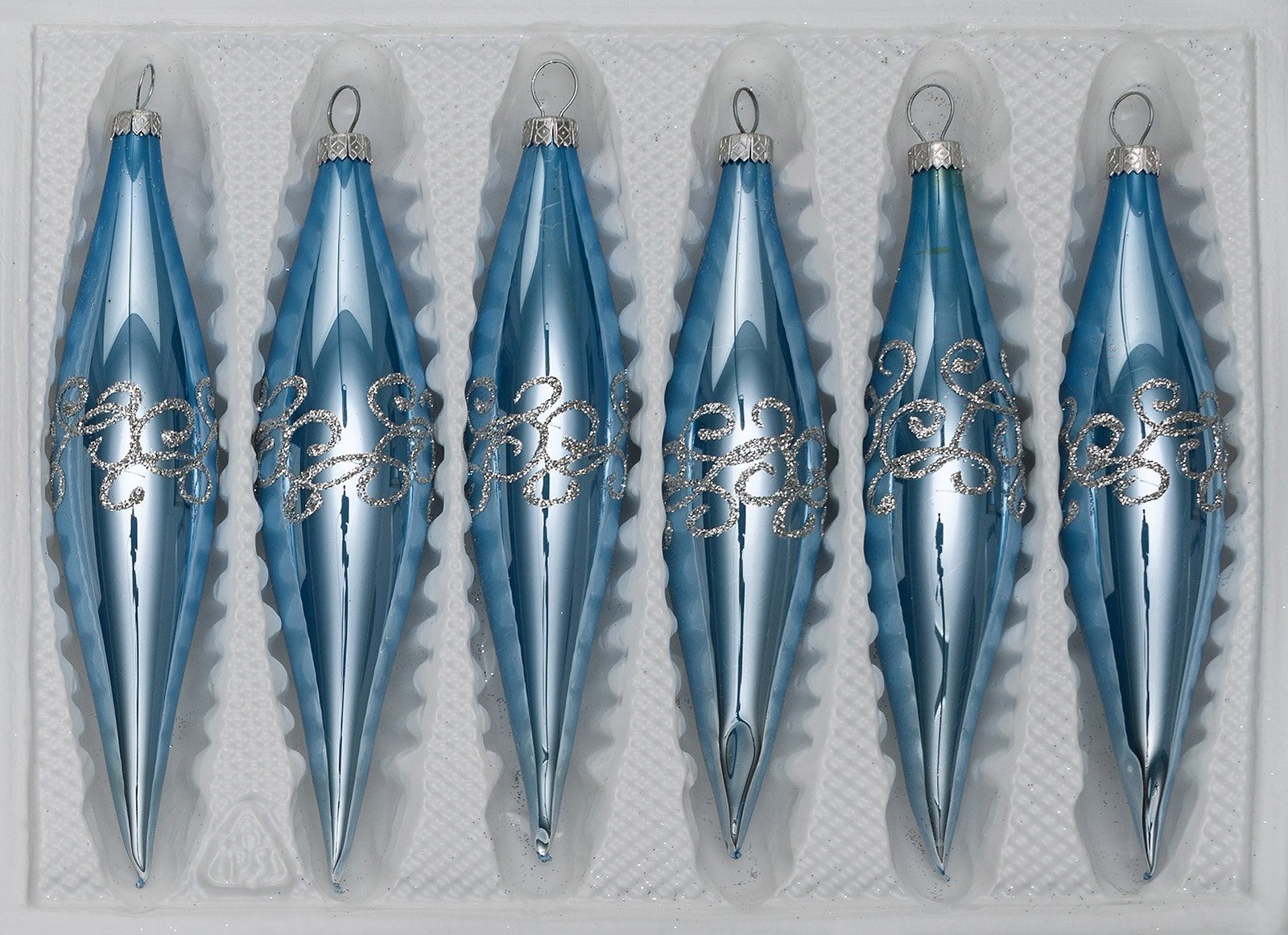 Navidacio Christbaumschmuck 6 tlg. Glas-Zapfen Set in "Hochglanz-Blau-Silberne-Ornamente“