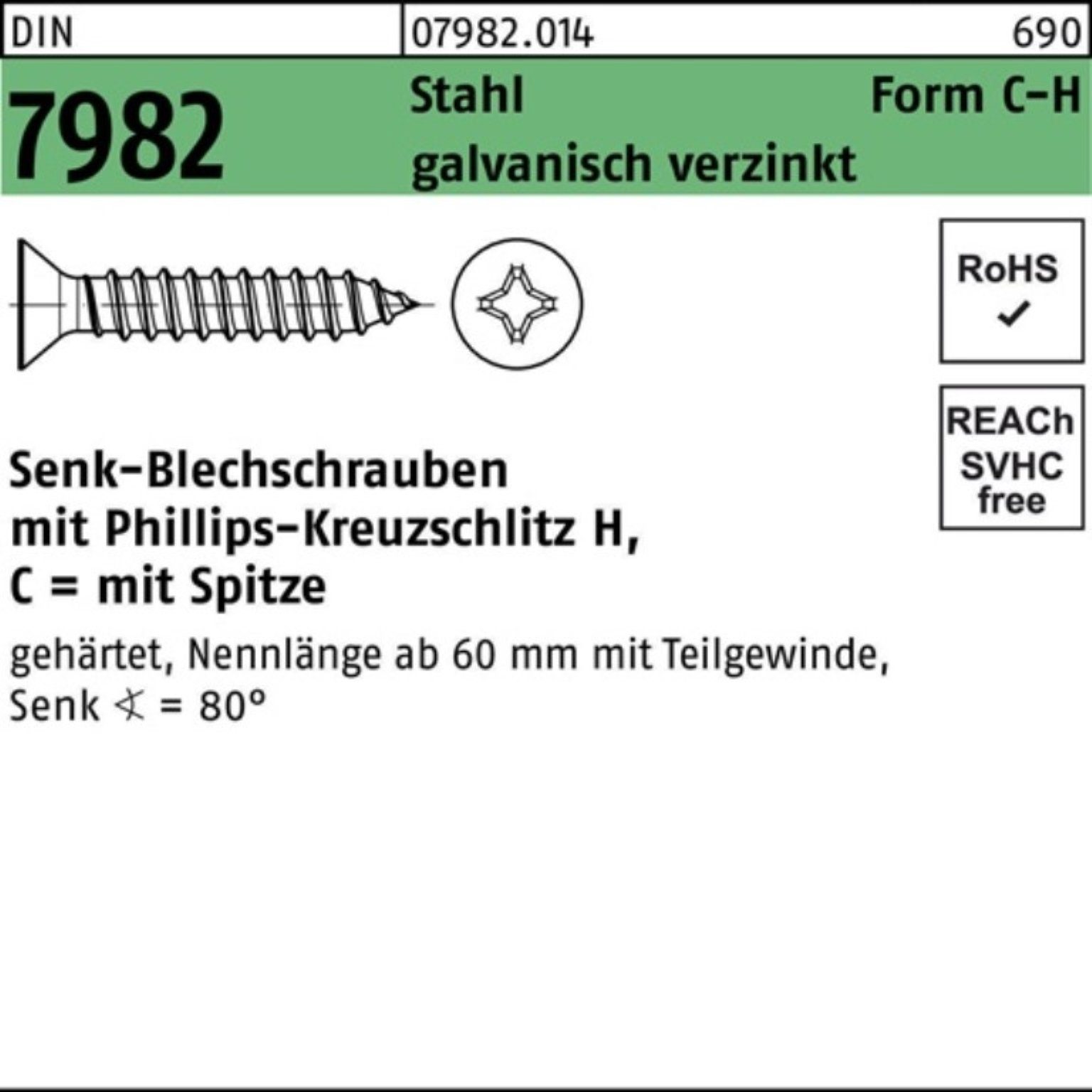 Pack PH/Spitze 3,9x60-H 250er DIN galv. 7982 Reyher Stahl Schraube C Senkblechschraube