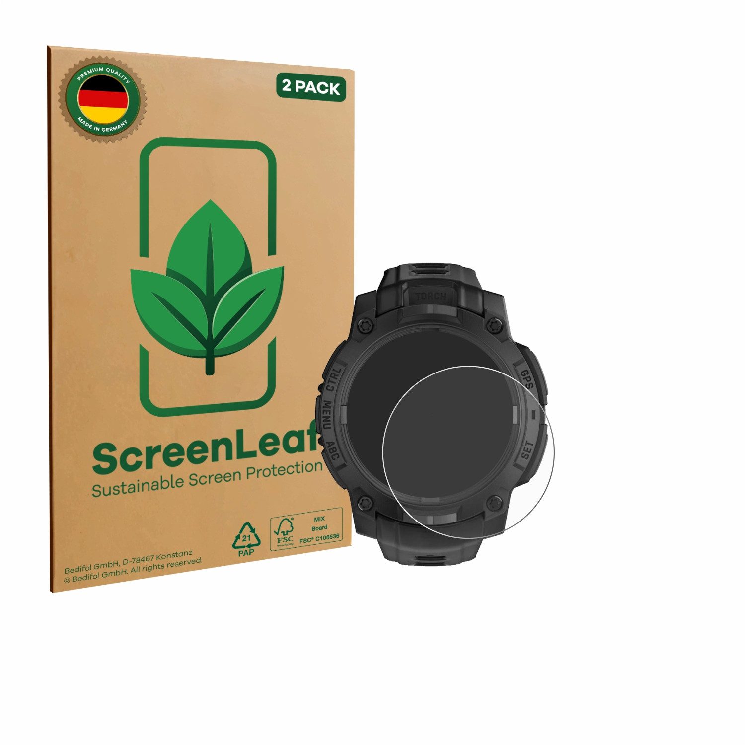 ScreenLeaf Displayschutzfolie Schutzfolie für Garmin Instinct 3 Solar Tactical Edition (45 mm), 2 Stück, nachhaltiger Displayschutz Schutz Folie Klar Transparent