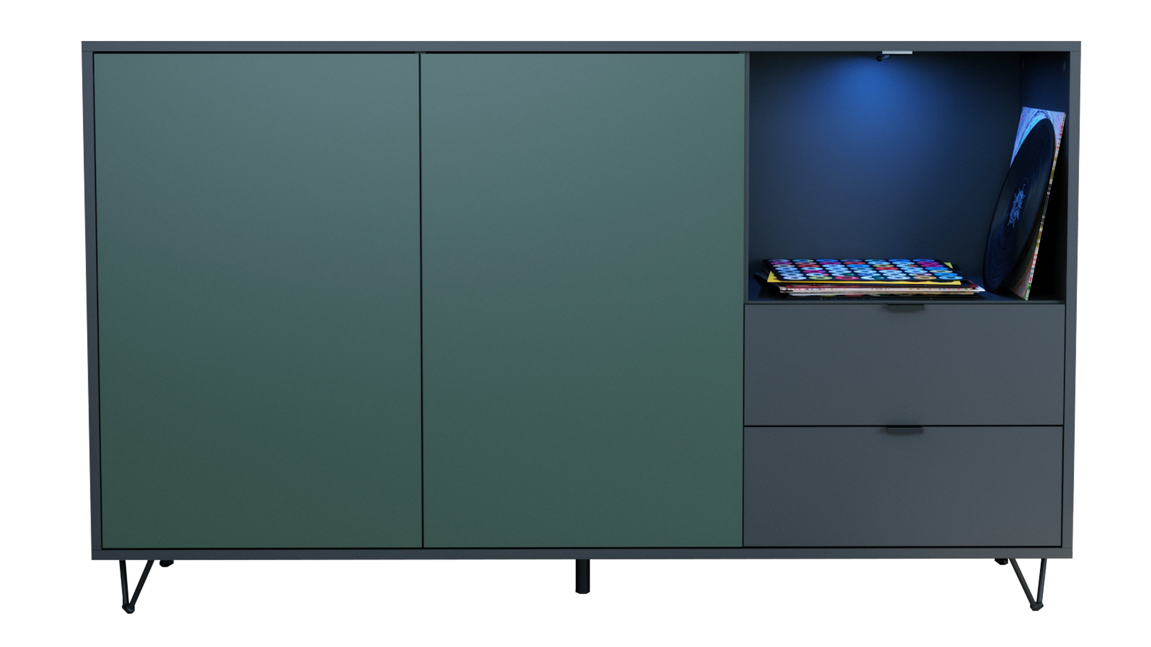 Vladon Sideboard Marino (Kommode mit 2 Türen Fjord Grün, 2 Schubladen Anthrazit matt, inkl. LED, Made in Germany), Korpus Anthrazit matt (152,5 x 90,5 x 37 cm)