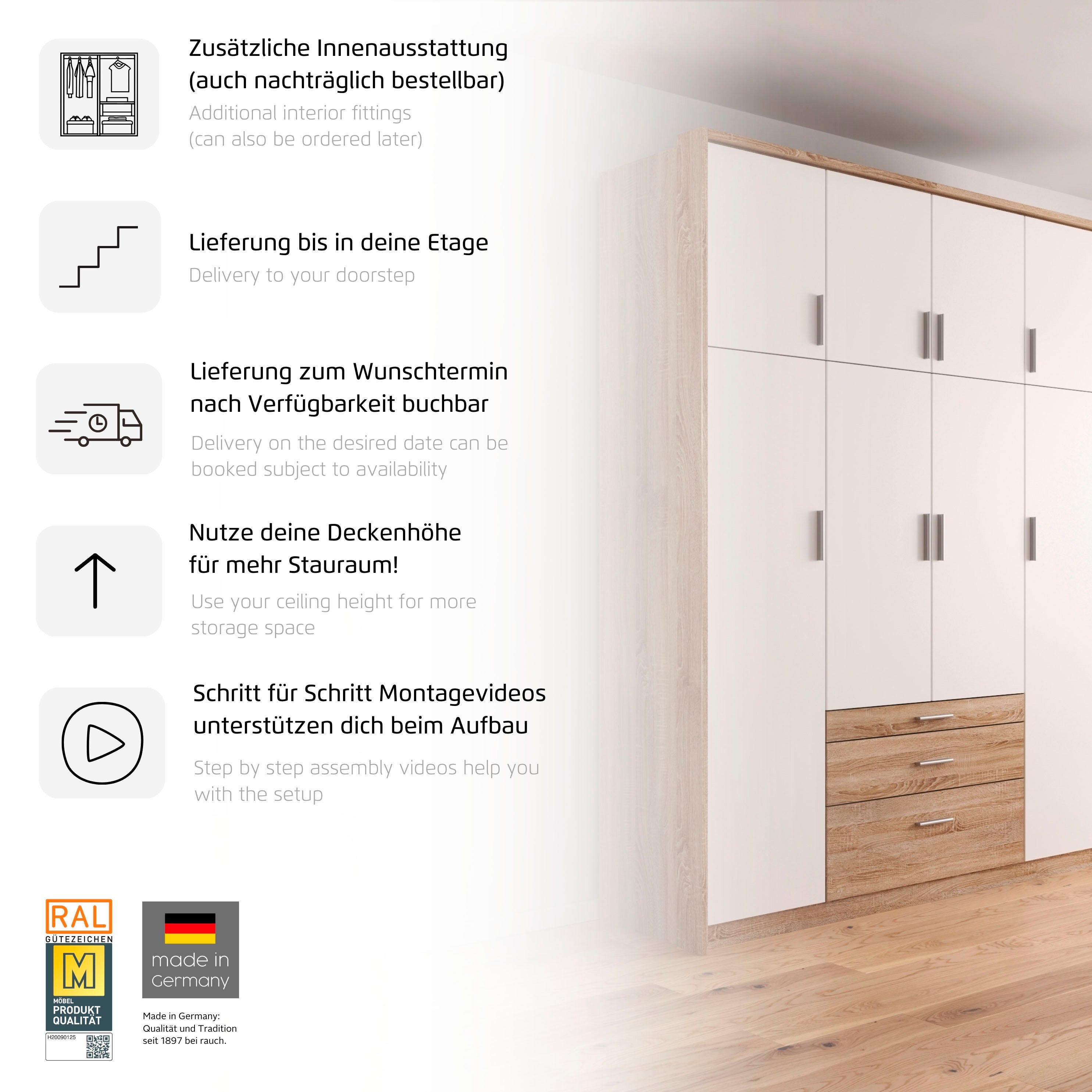 rauch Kleiderschrank Schrank Drehtürenschrank Garderobe Ankleide Schlafzimmer HILDESHEIM (Breiten: 185/275 cm, Höhe 231 cm) oberste Schublade mit praktischer Fa – Bild 4 von 5