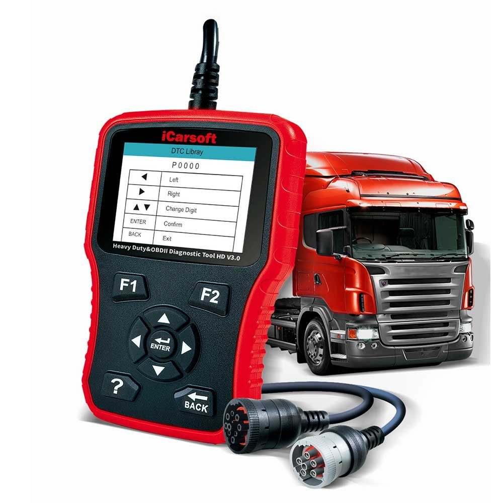 iCarsoft OBD2-Diagnosegerät HD V3.0 professionelles Diagnosegerät OBDII für schwere Fahrzeuge, LKW, Mehrsprachiges Menü und DTC-Definitionen - Englisch, Deutsch, etc.