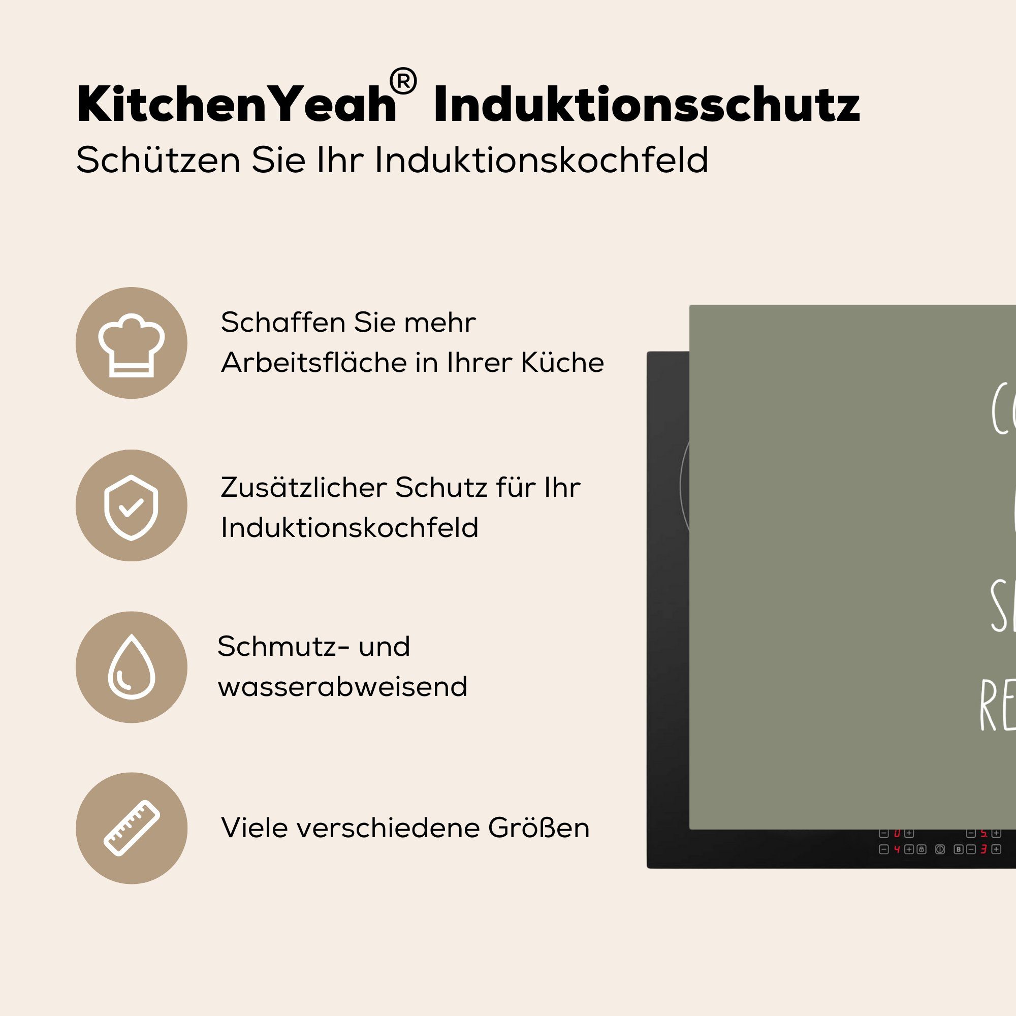 Sprichwörter Vinyl, schlafen Herdblende-/Abdeckplatte cm, nutzbar, Kochen 70x52 - Kochen, MuchoWow Zitate Ceranfeldabdeckung Mobile (1 Arbeitsfläche essen - - tlg), wiederholen