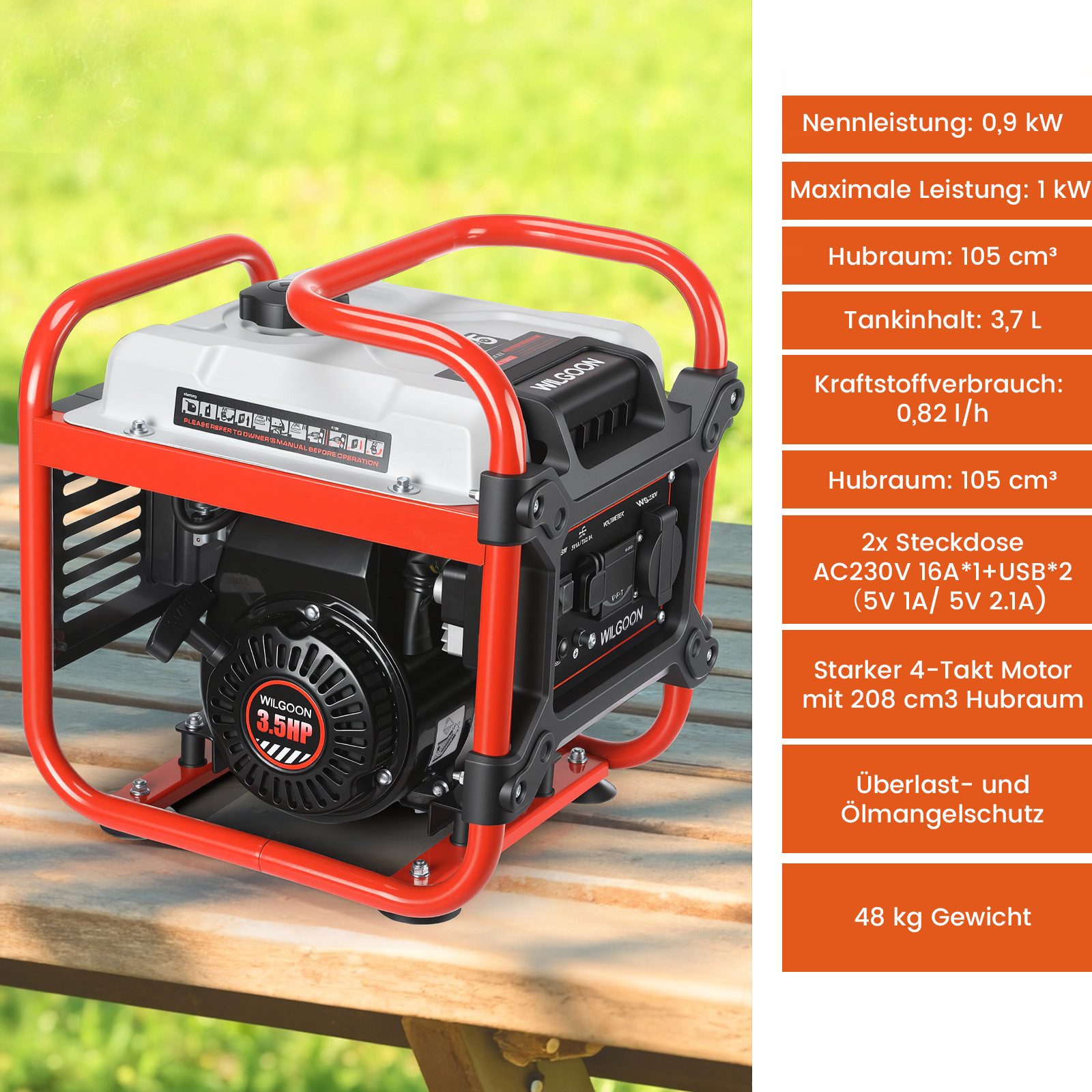 oyajia Stromerzeuger 4-Takt 3.5 HP 1100W BS154F Stromerzeuger Generator, 1,1 in kW, Benzin Generator Stromerzeuger 230V Steckdose