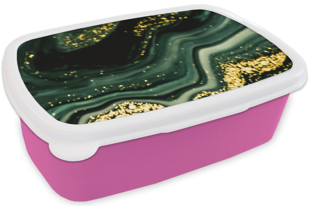 Brotbox Gold - Erwachsene, Kinder, Grün Kunststoff Marmoroptik Kunststoff, Lunchbox rosa - Brotdose Snackbox, MuchoWow Glitter - Luxus, Marmor Mädchen, - - für (2-tlg),
