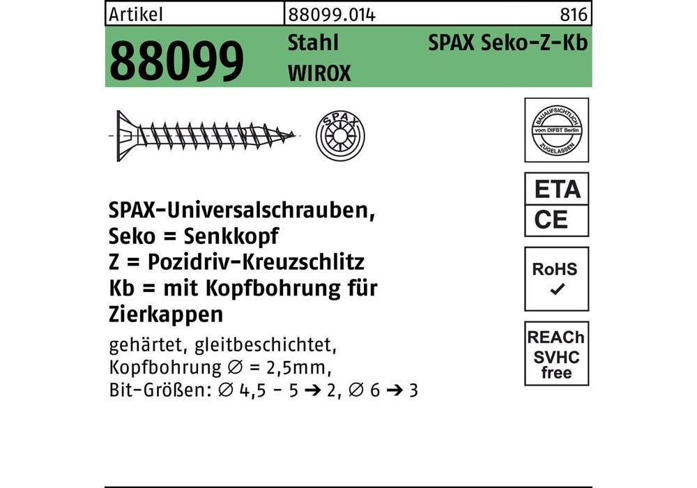 SPAX Sechskant-Holzschraube Spanplattenschraube R 88099 Seko m.Kreuzschlitz-PZ 5 x 60/49-Z Stahl galvanisch verzinkt WIROX