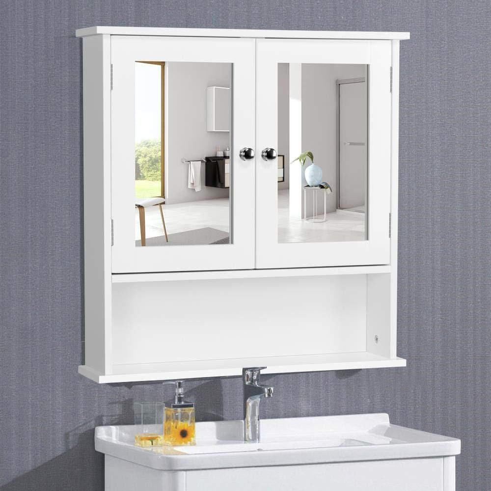 Yaheetech Spiegelschrank Badschrank mit Spiegeltür & 1 offenem Regal Badezimmerschrank Hängeschrank, Einlegeboden verstellbar – Bild 2 von 5