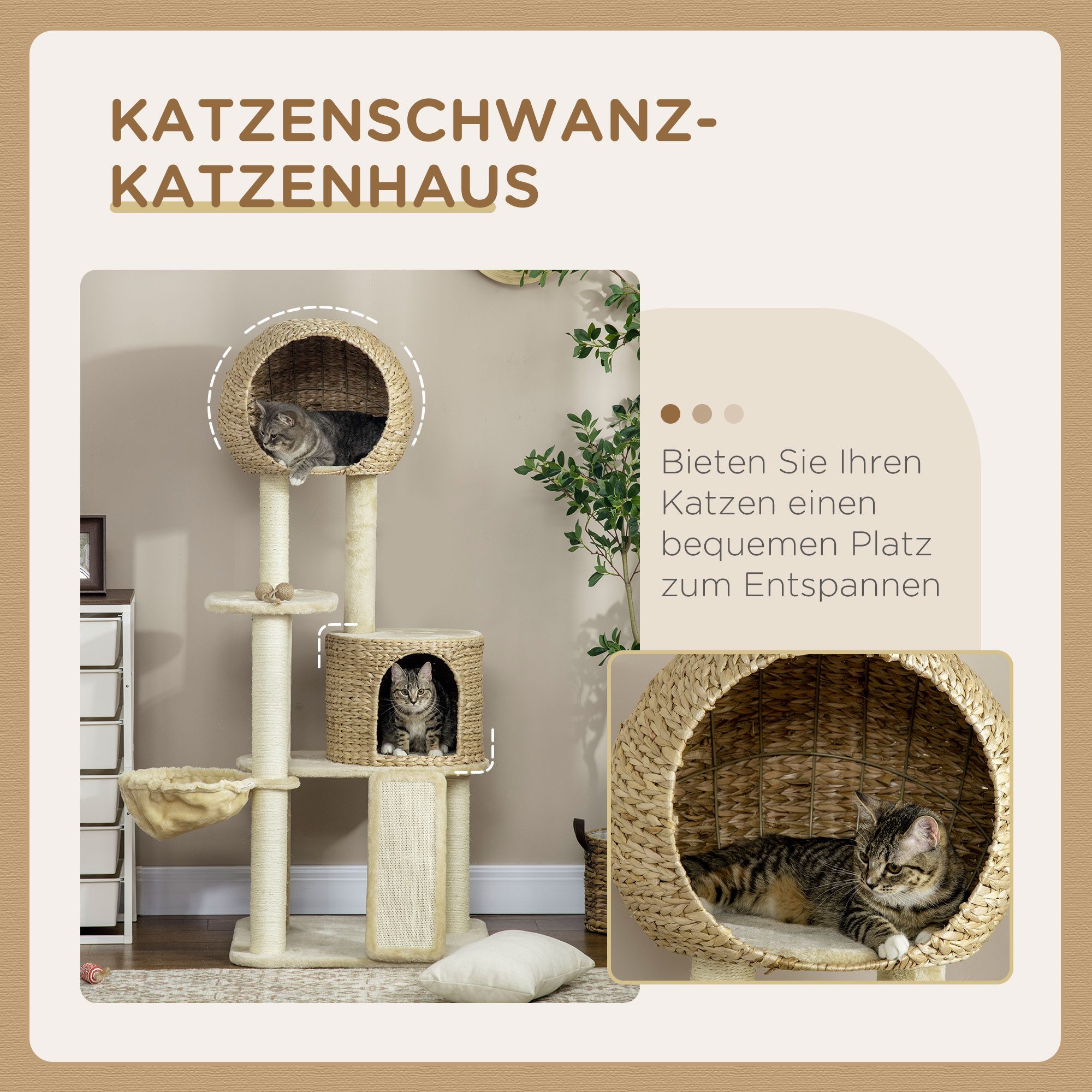 PawHut Kratzbaum Kratzbaum, mehrstöckiger Katzenbaum mit Höhle, Plattform, Plüsch, Beige, 60 x 60 x 150 cm – Bild 4 von 5