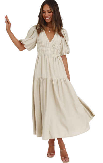 ZWY Maxikleid Langes Damenkleid mit V-Ausschnitt, einfarbiges Kleid (Kleider, Frühlings- und Sommerkleider, Damenbekleidung)