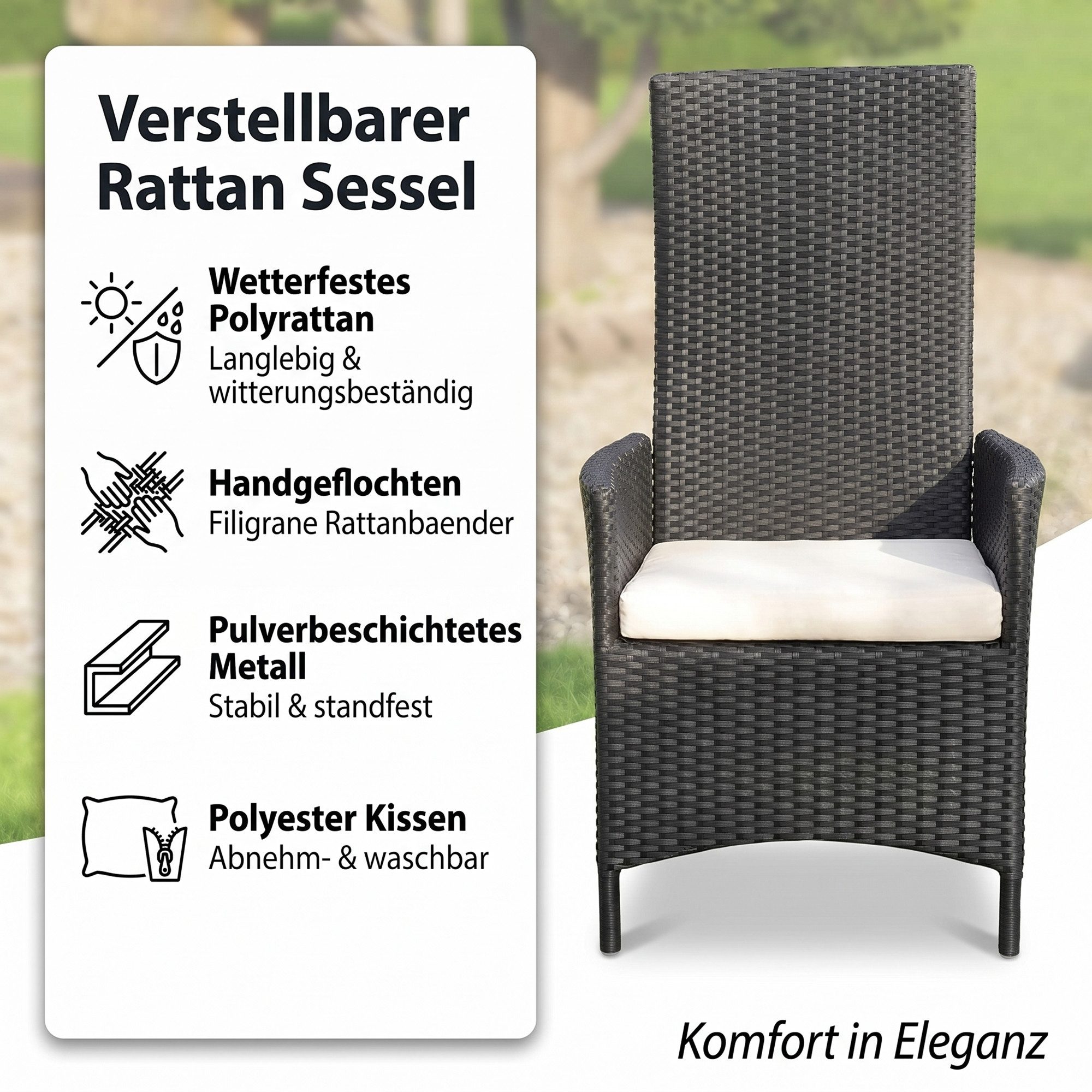 Mucola Gartenstuhl Garten Hochlehner Sessel+ Kissen Polyrattan Gartengarnitur XXL (Stück, 1 St), Kissen inkl. Reißverschluss, daher abnehm- und waschbar