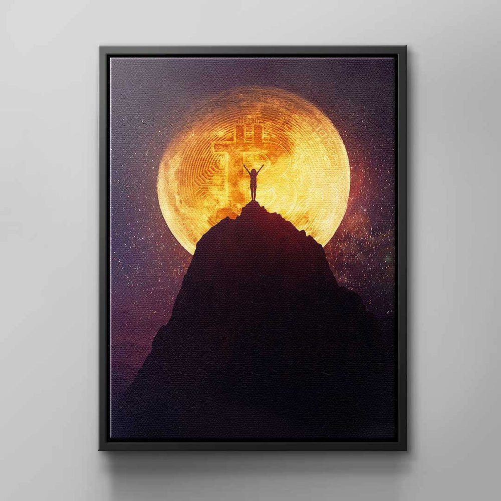 berg Leinwandbild Wandbild gold Moo Moon, DOTCOMCANVAS® schwarz rosa Bitcoin-Erfolg Bitcoin weißer mann Mond Rahmen Bitcoin