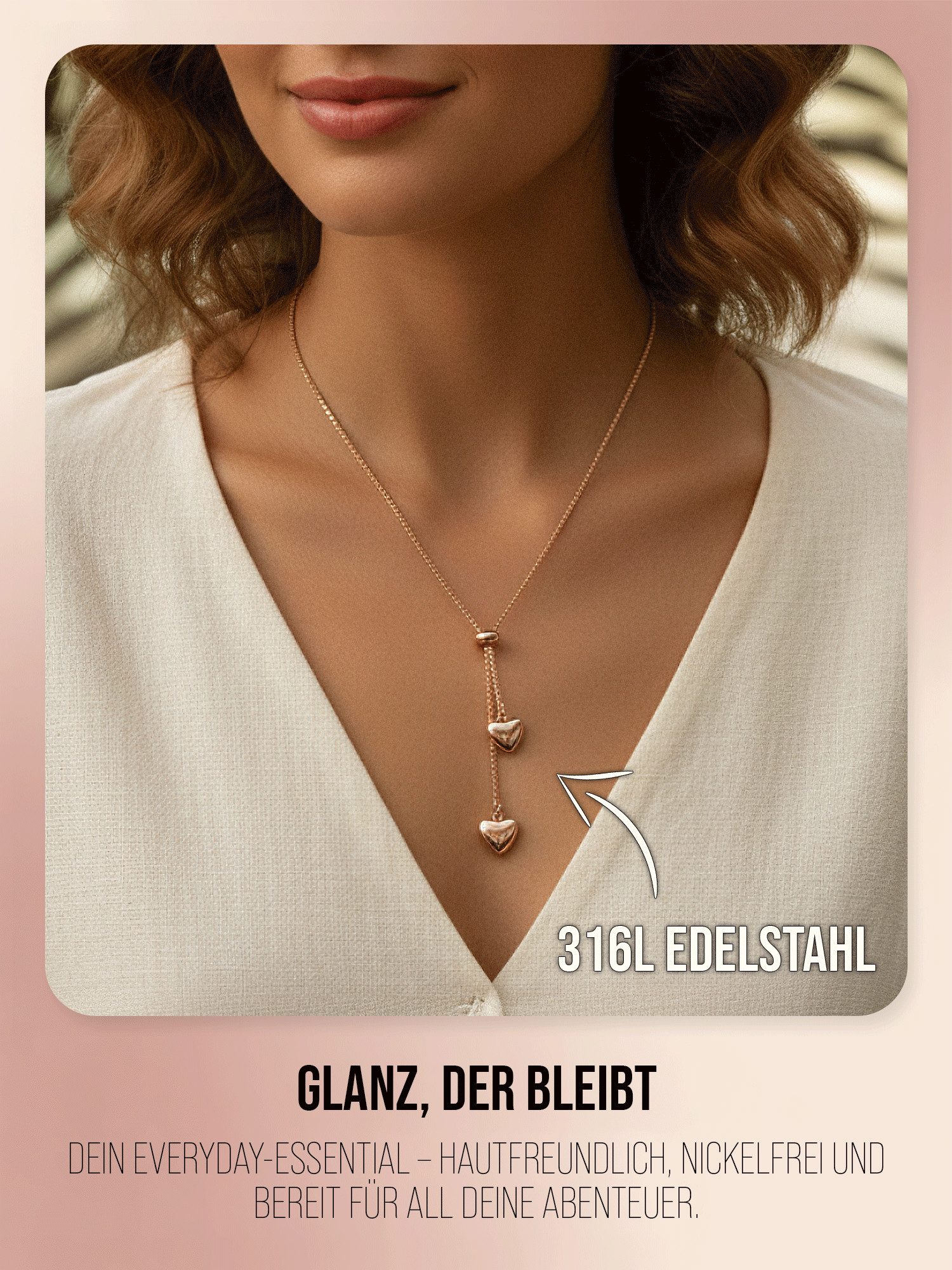 THIORA Edelstahlkette Kette mit Anhänger Schmuck Geschenk Edelstahl Herz - "Bora Hearts" (Einzel, Einzelartikel), wasserfest, nickelfrei, hypoallergen, verstellbar, Y-Kette, Boxkette