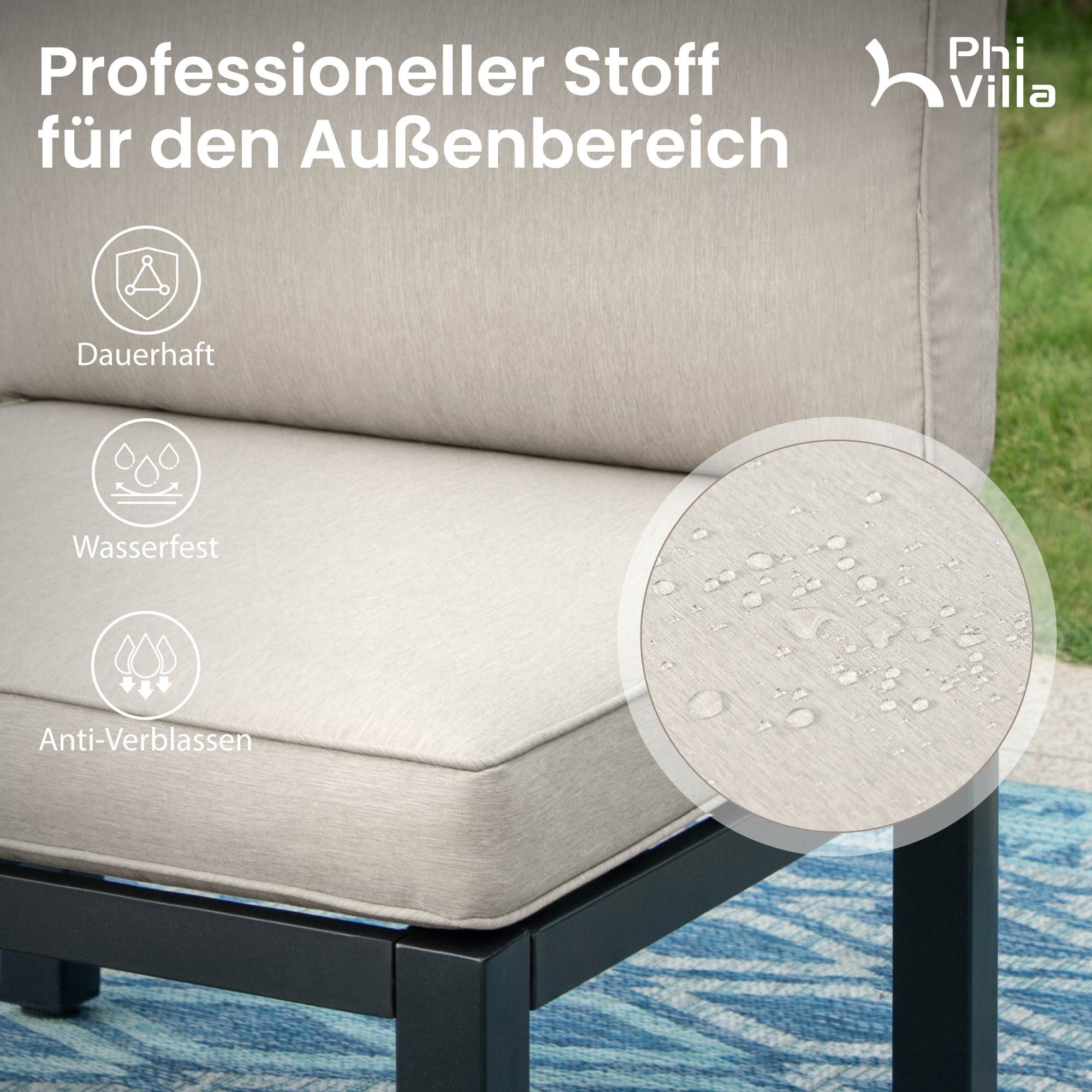 PHI VILLA Gartenlounge-Set, (Gartenmöbel Balkonmöbel mit Verstärkten Kissen und Kaffeetisch), Metall Lounge Möbel Outdoor Gartenlounge, Beige