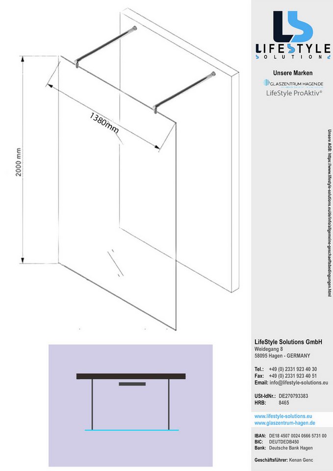 Thumbnail - Glaszentrum Hagen Walk-in-Dusche Glaszentrum Hagen "Jade" 138x200cm 10mm Freistehende Walk in Duschwand