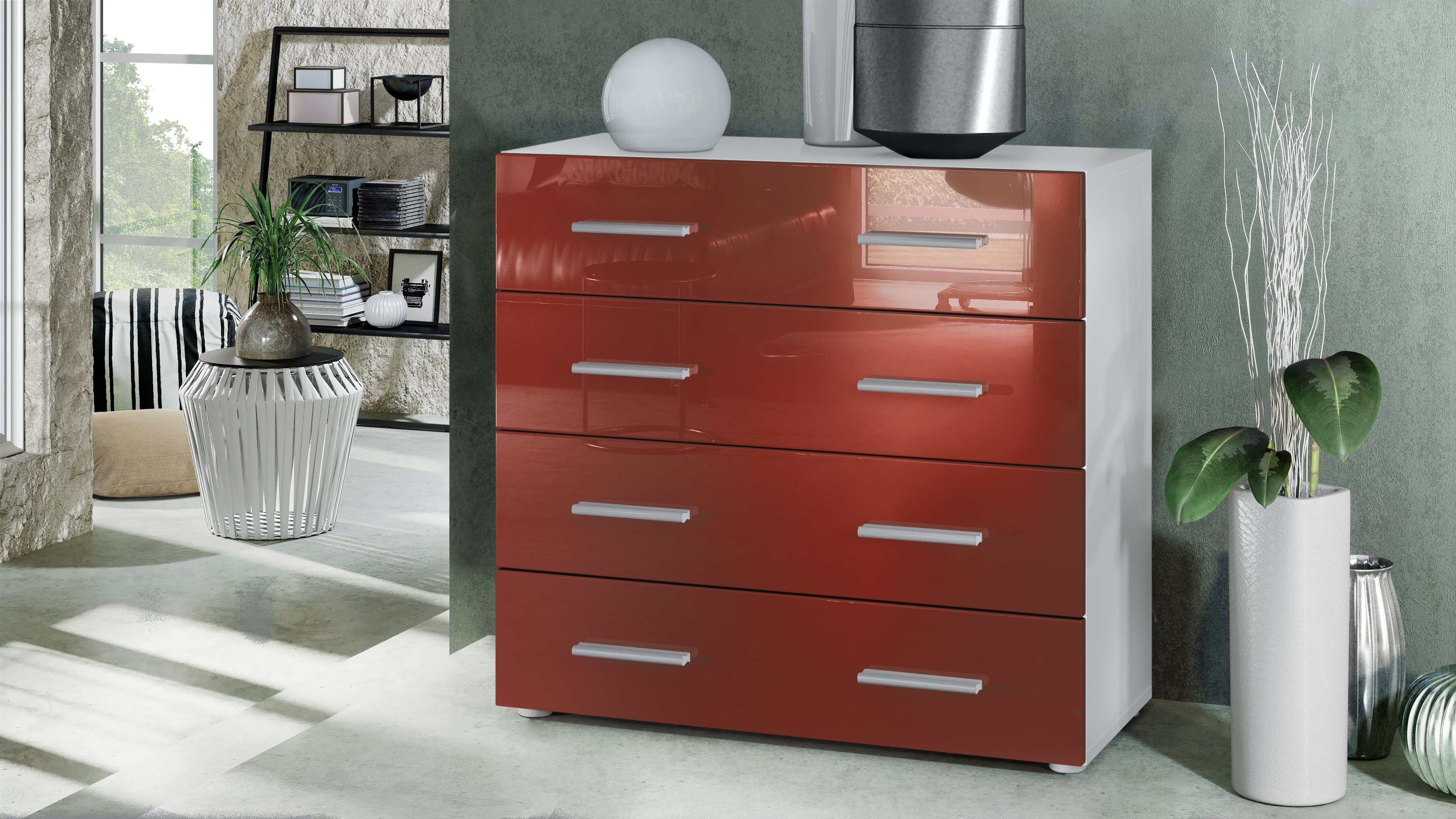 Vladon Kommode Pavos V1 (Kommode, ​mit 4 Schubladen), Weiß matt/Bordeaux Hochglanz (76 x 72 x 35 cm)