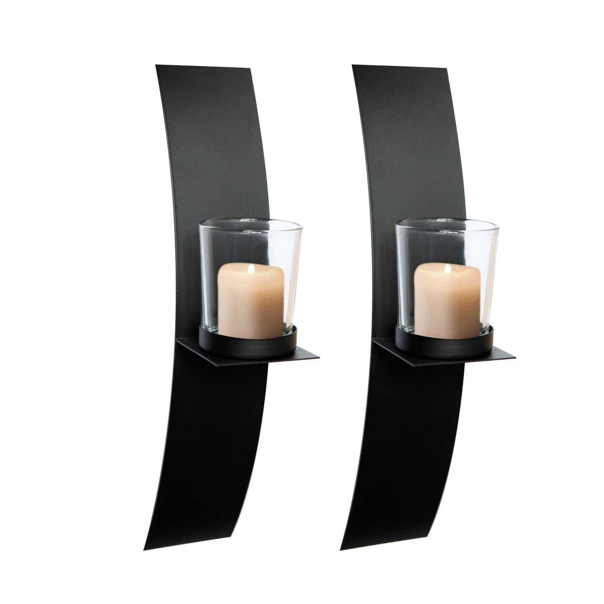 Linder Exclusiv GmbH LEX Kerzenständer 2er-Set Wandkerzenhalter Wandlicht schwarz Metall mit Glas Wanddeko