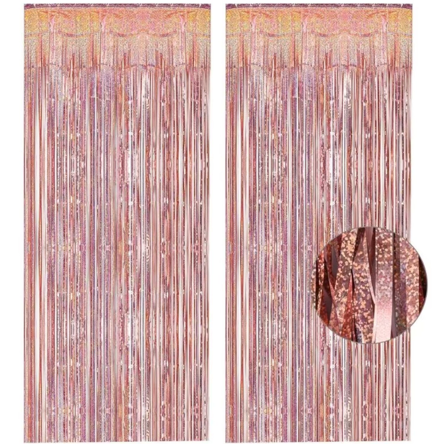Kopper-24 Türvorhang Lametta Vorhang 2 x 1 m, rosegold glitzernd, holographisch Party Deko, Schlaufen, Folie