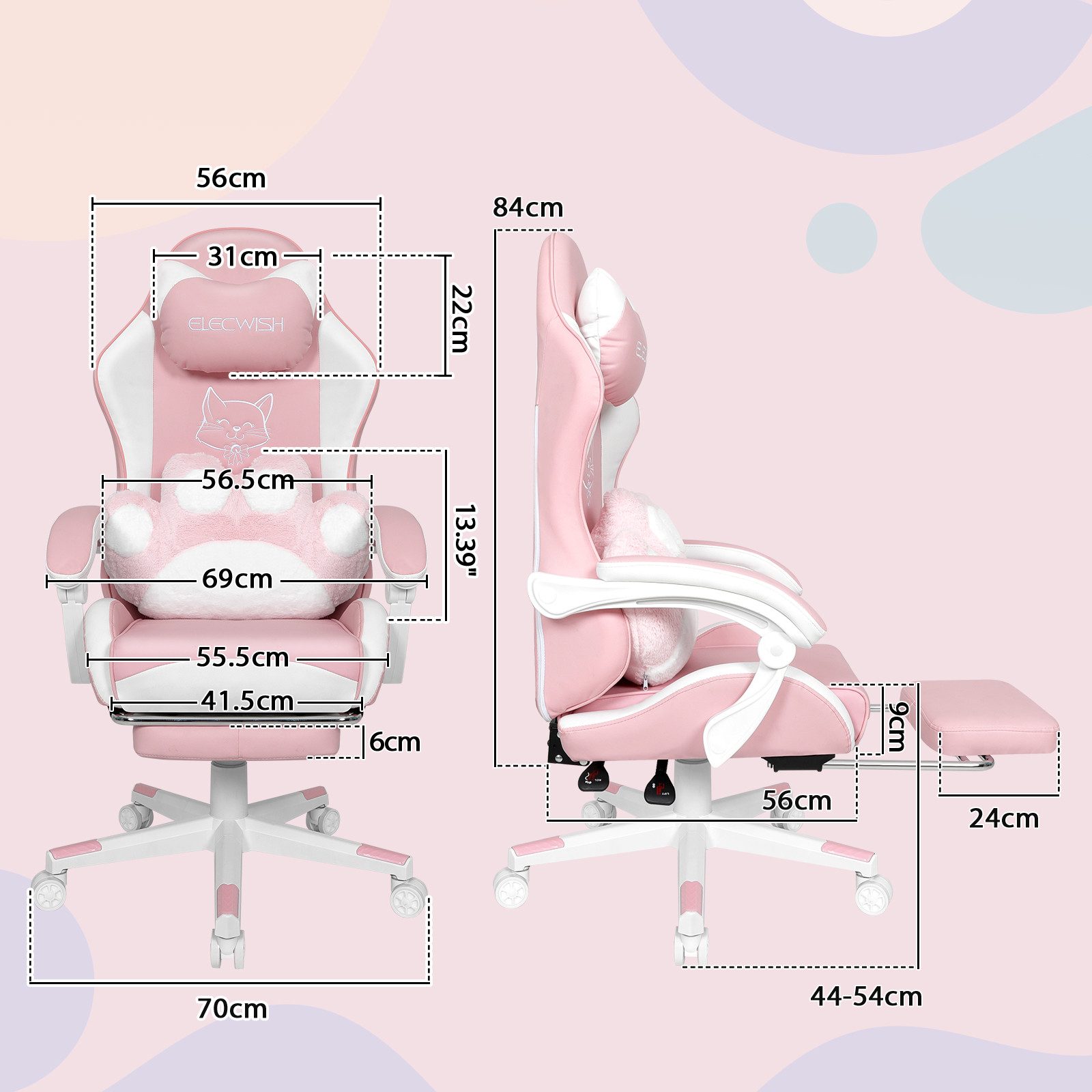 Puluomis Gaming-Stuhl Bürostuhl Ergonomisch mit Katzenpfote Lendenkissen und Katzenohren (Gamer Stuhl, Racing Computerstuhl PC Stuhl mit Fußstütze Kopfstütze),  – Bild 5 von 5