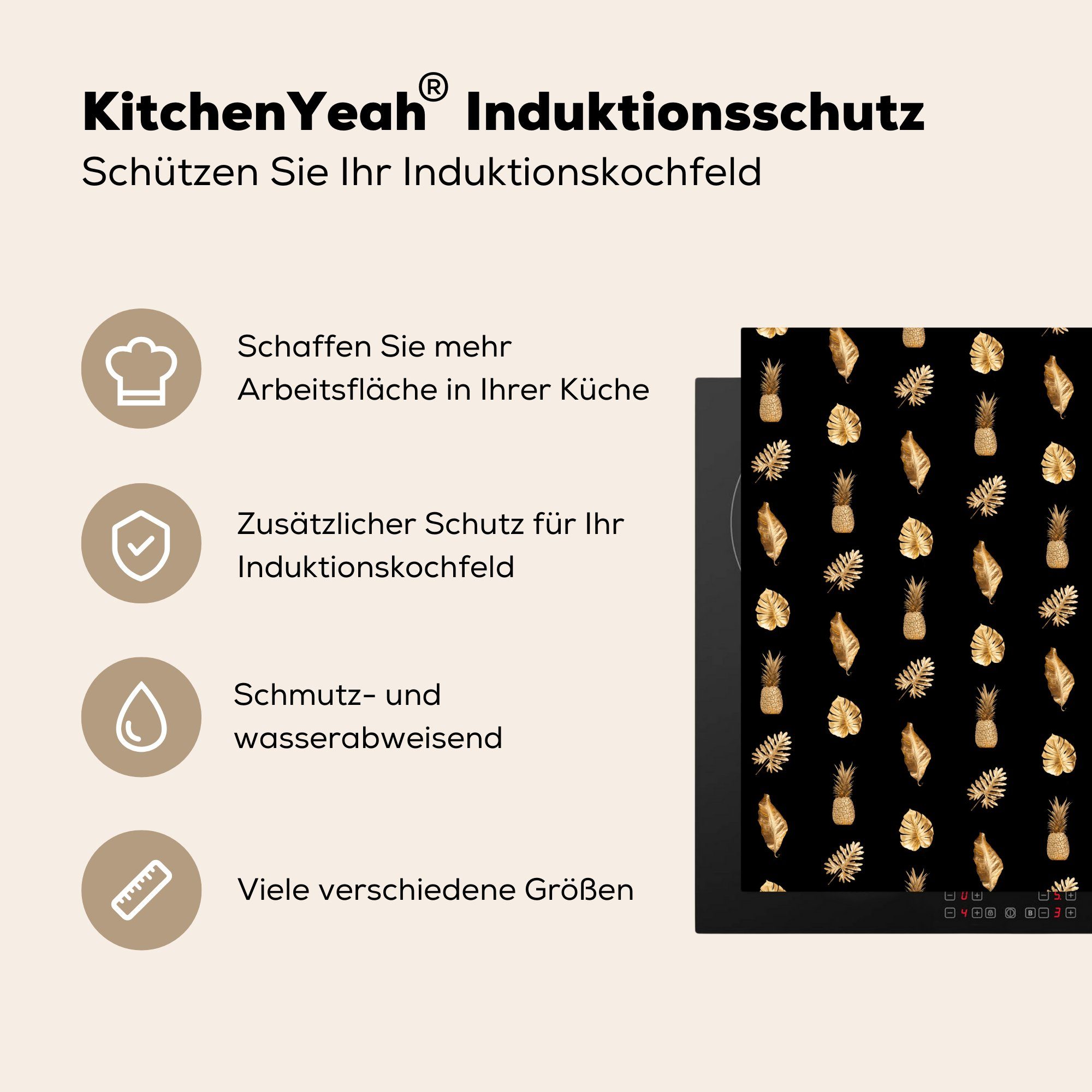 MuchoWow Herdblende-/Abdeckplatte Blätter - Gold - für Vinyl, tlg), (1 Arbeitsplatte 78x78 Muster, cm, küche Ceranfeldabdeckung
