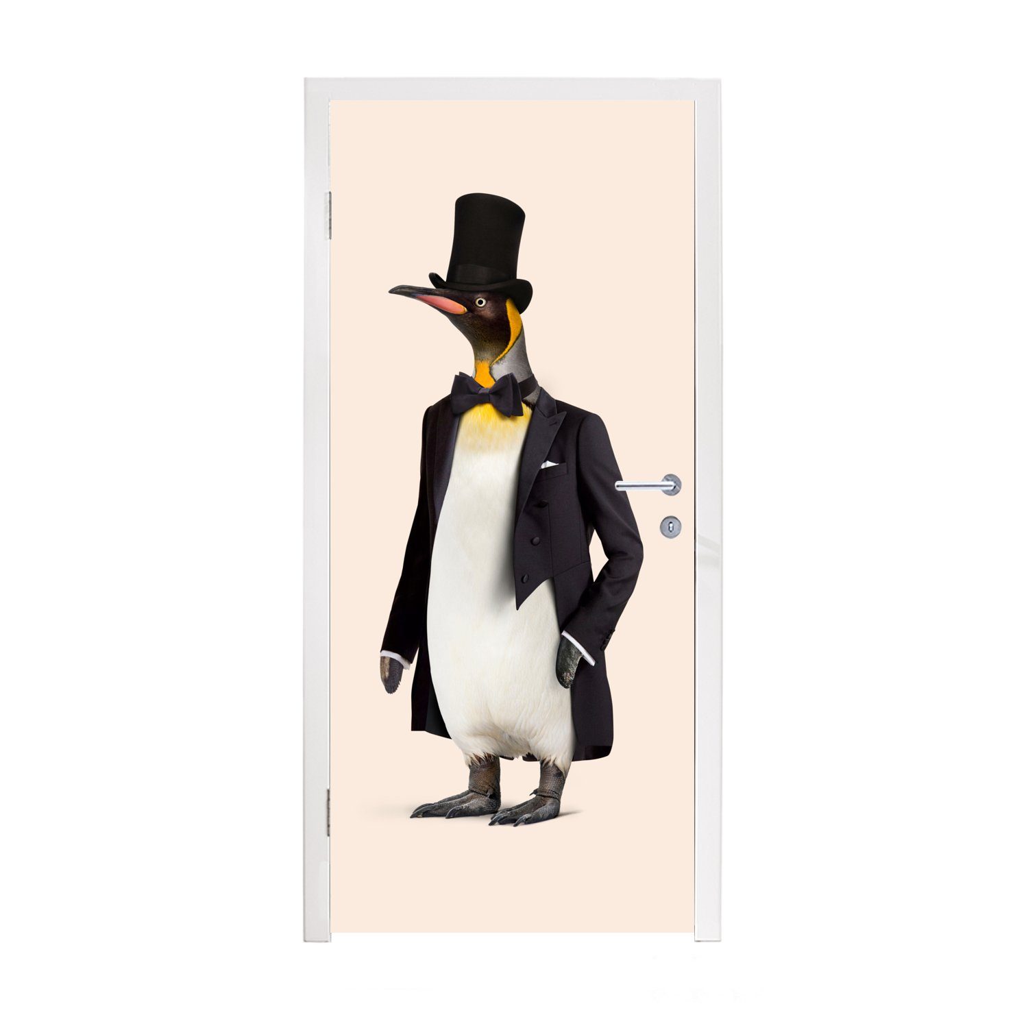 MuchoWow Türtapete Pinguin - Tier - Hut - Colbert - Schwarz, Matt, bedruckt, (1 St), Fototapete für Tür, Türaufkleber, 75x205 cm