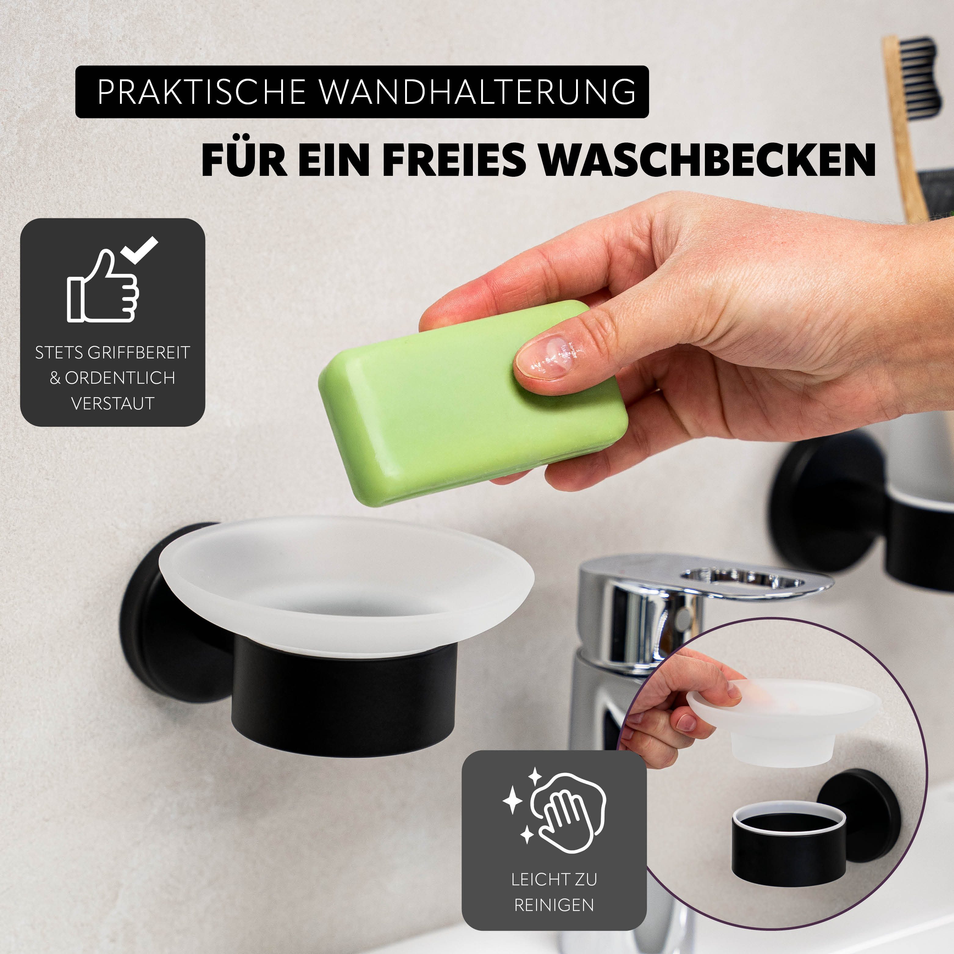 bremermann Seifenschale Bad-Serie PIAZZA BLACK - aus Glas und Edelstahl, schwarz, Breite: 11 cm, 1-St.