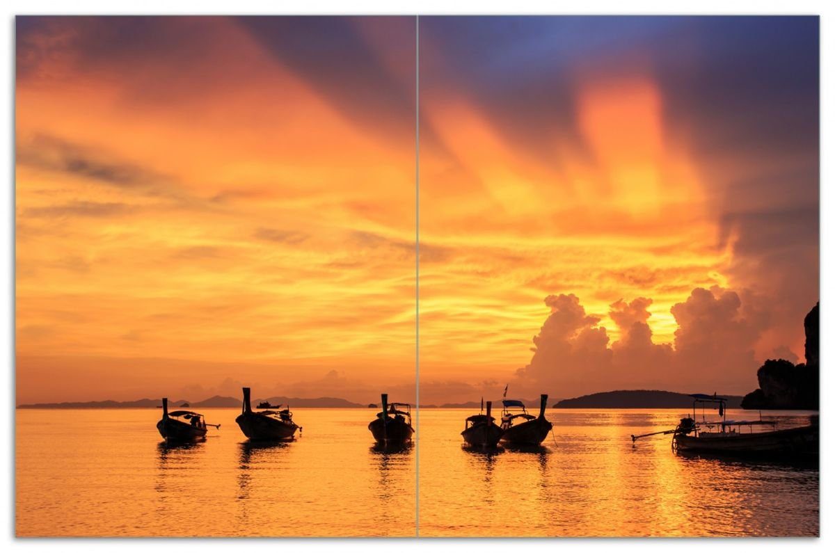 Wallario Herd-Abdeckplatte Thailändische Fischerboote bei Sonnenuntergang, ESG-Sicherheitsglas, (Glasplatte, 2 tlg., inkl. 5mm Noppen), verschiedene Größen