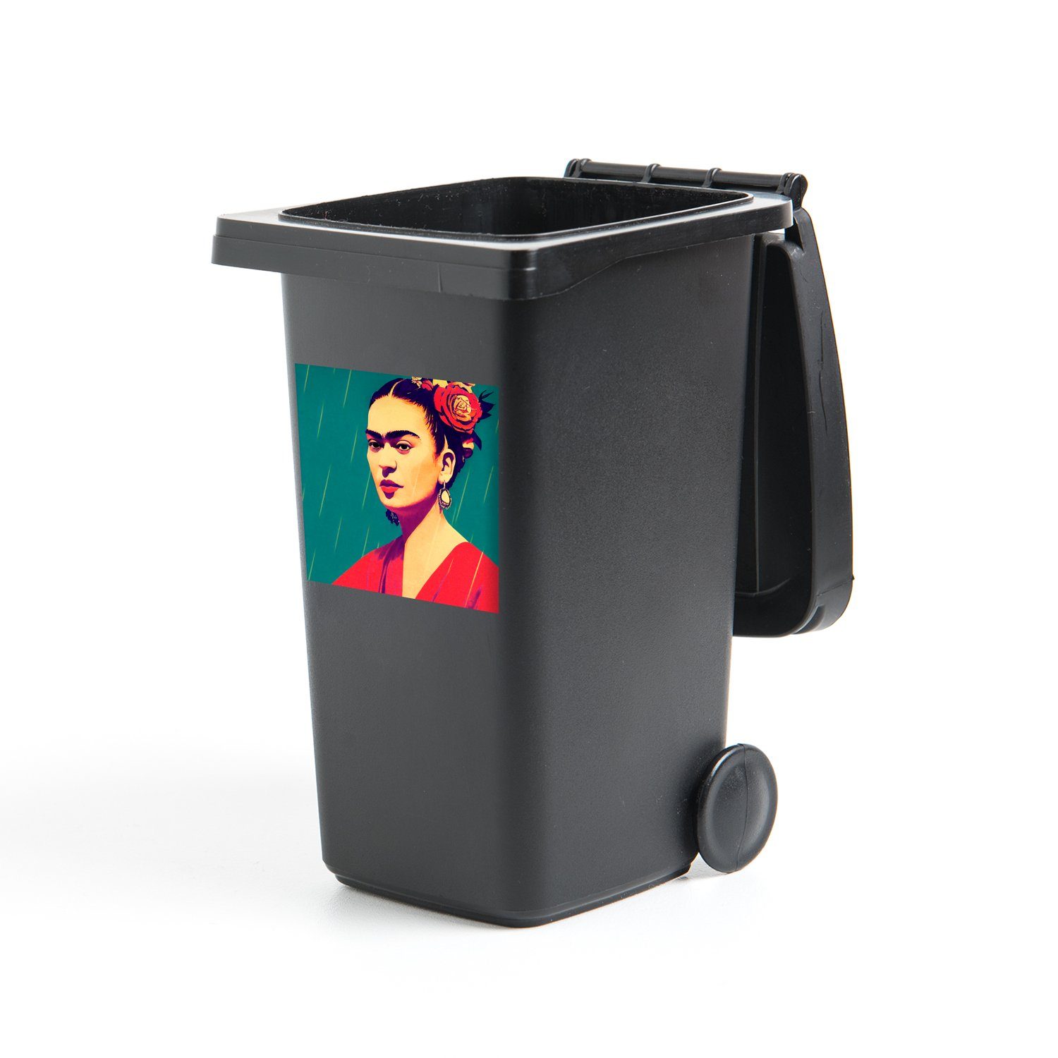 MuchoWow Wandsticker Porträt - Frida Kahlo - Frau - Vintage - Rot (1 St), Mülleimer-aufkleber, Mülltonne, Sticker, Container, Abfalbehälter