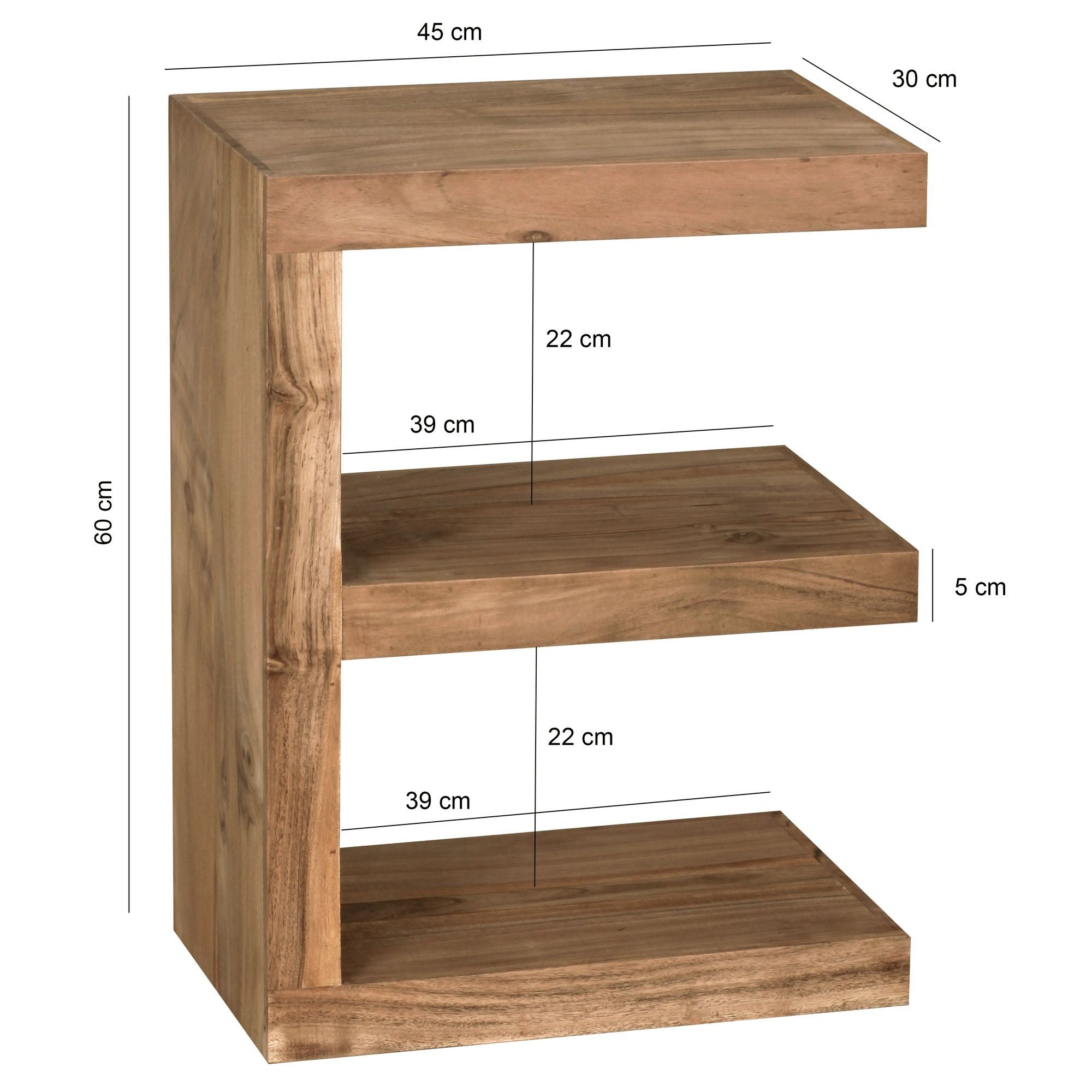 FINEBUY Beistelltisch SuVa2398_1 Massivholz E- Cube Ablage Stand Bücher Regal 44x60x30 (MUMBAI Massivholz 60 cm hoch E Cube), Kleiner Wohnzimmertisch, Sofatisch Anstelltisch