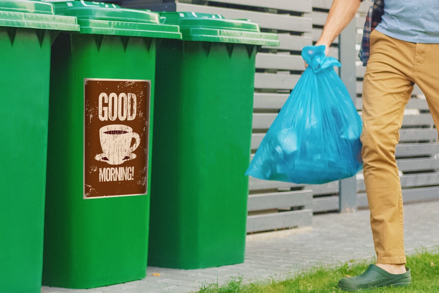 Abfalbehälter - Morgen! Sprichwörter Guten Mülltonne, (1 Zitate - MuchoWow Container, St), Mülleimer-aufkleber, - - Jahrgang Wandsticker Sticker, Kaffee