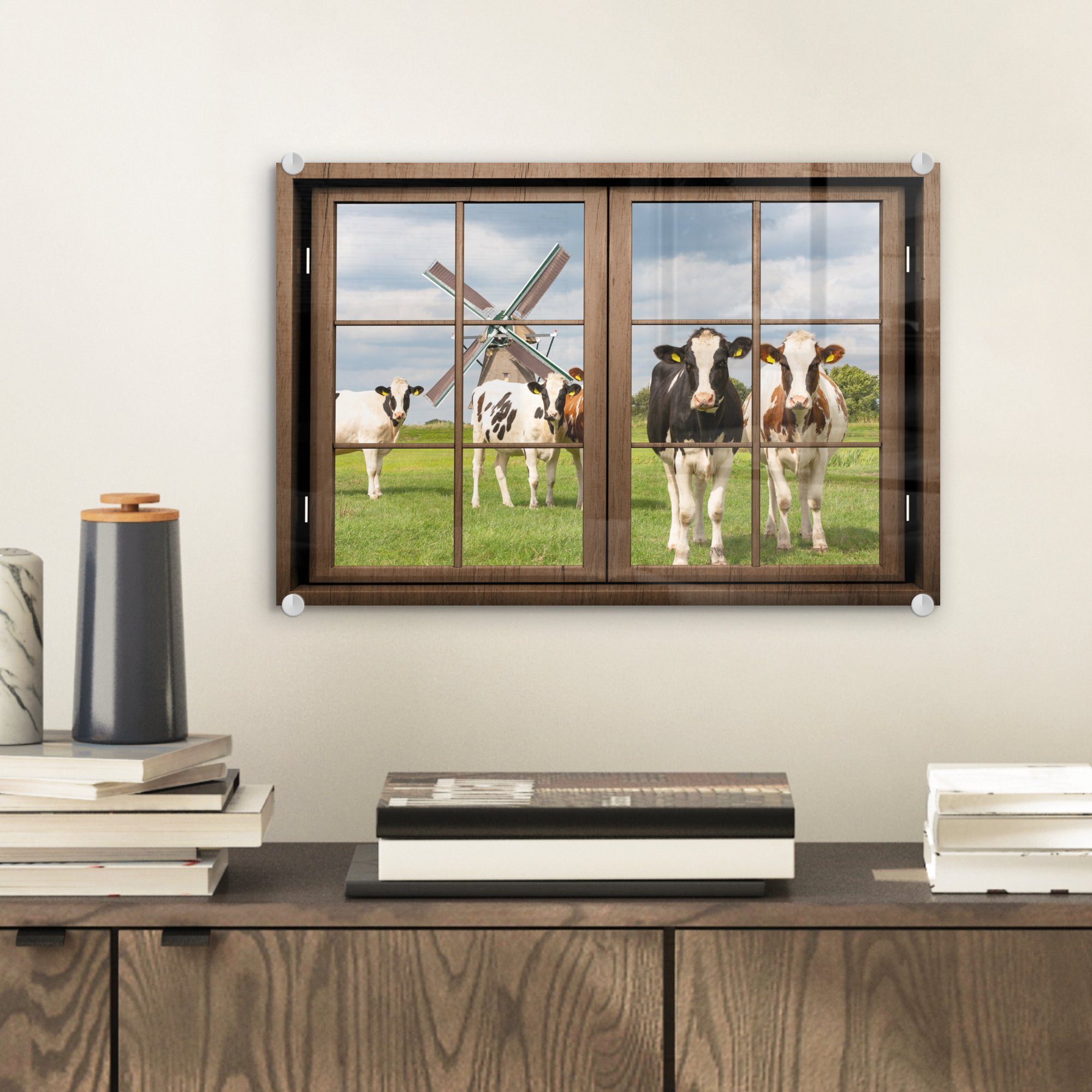 MuchoWow Acrylglasbild auf Kuh, (1 St), auf - Wanddekoration - - - Foto Glas Wandbild Ansicht - Glasbilder Glas Bilder Mühle