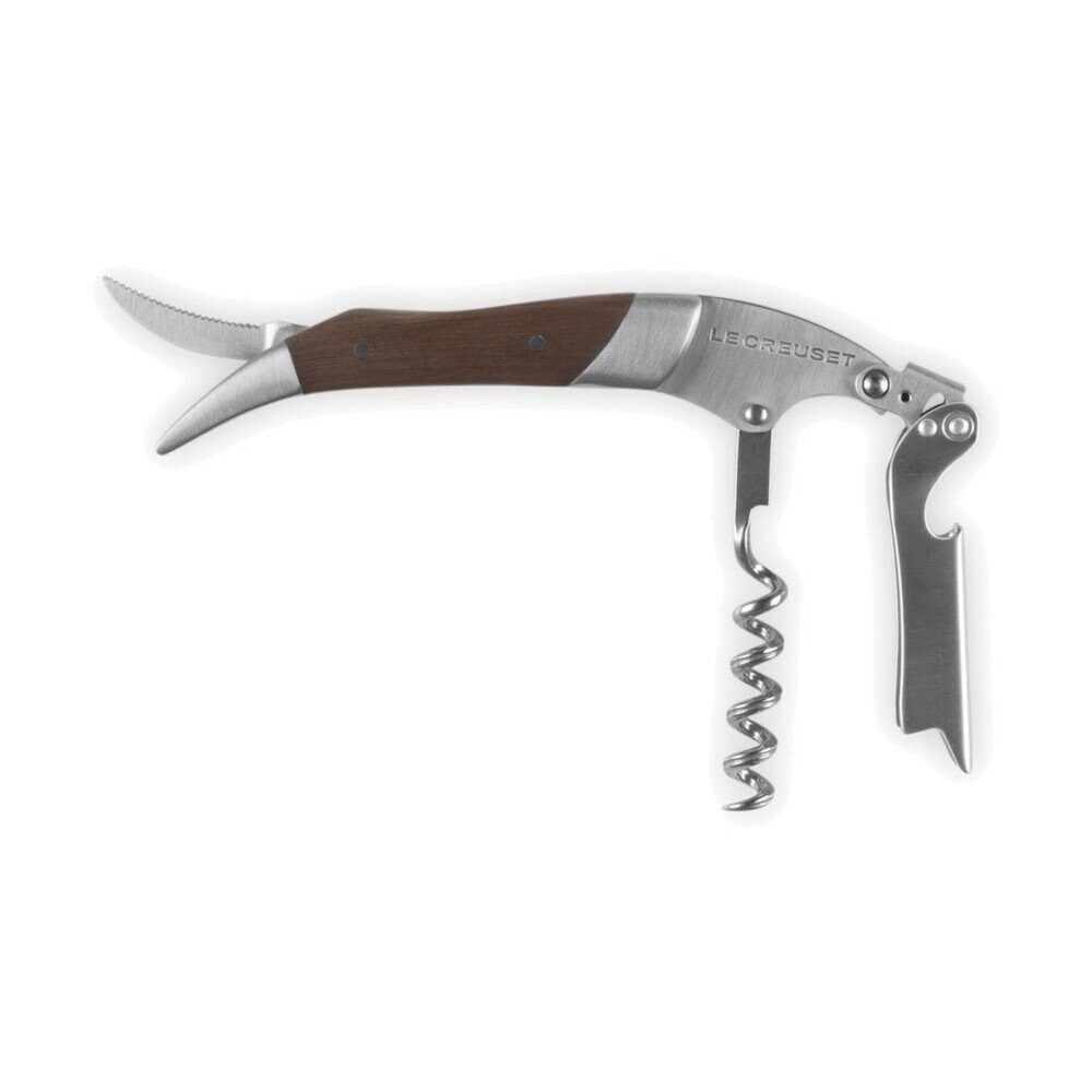 LE CREUSET Weinflaschenöffner Kellnermesser WT-110 12,5 cm braun (Gläserset, 4x Becher), Korkenzieher mit Kapselheber, Holz-Metall-Design, braun, 5J. Garantie