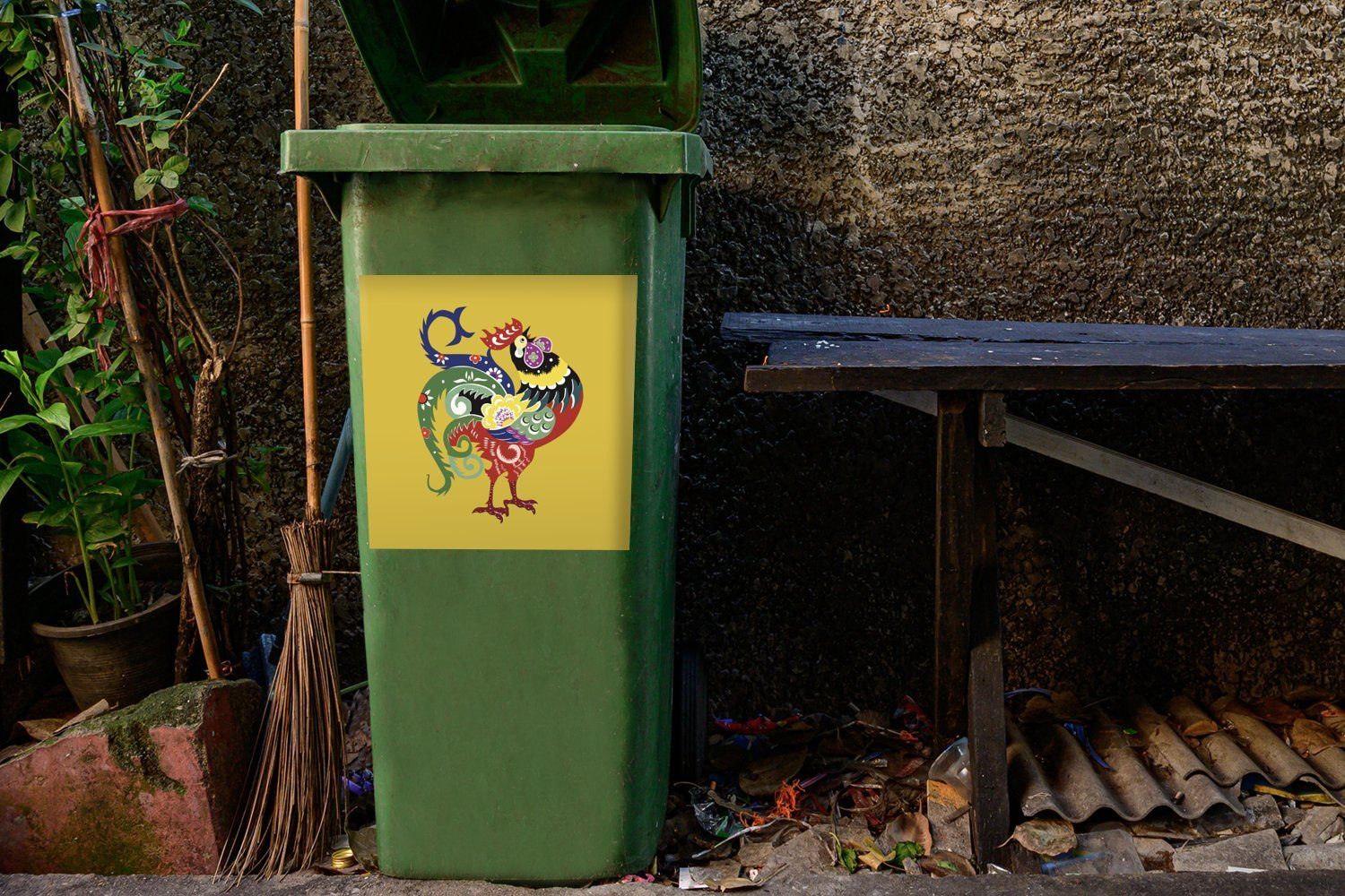 des Sticker, Hahns Abstrakte Mülltonne, (1 Abfalbehälter Wandsticker MuchoWow Illustration St), Mülleimer-aufkleber, Container,