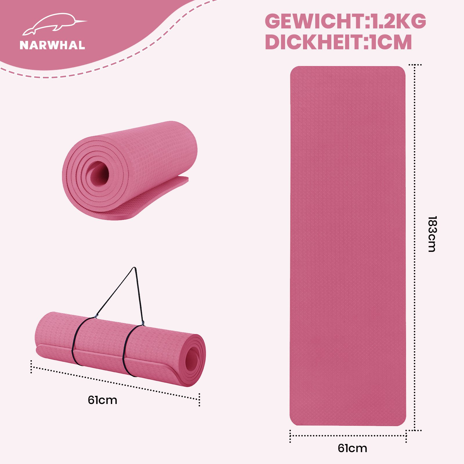 Good Nite Yogamatte Gymnastikmatten mit Tragegurt – 10 mm dick, 183x61 cm (1-St), rutschfest, komfortabel, 183x61x1 cm – Bild 5 von 5