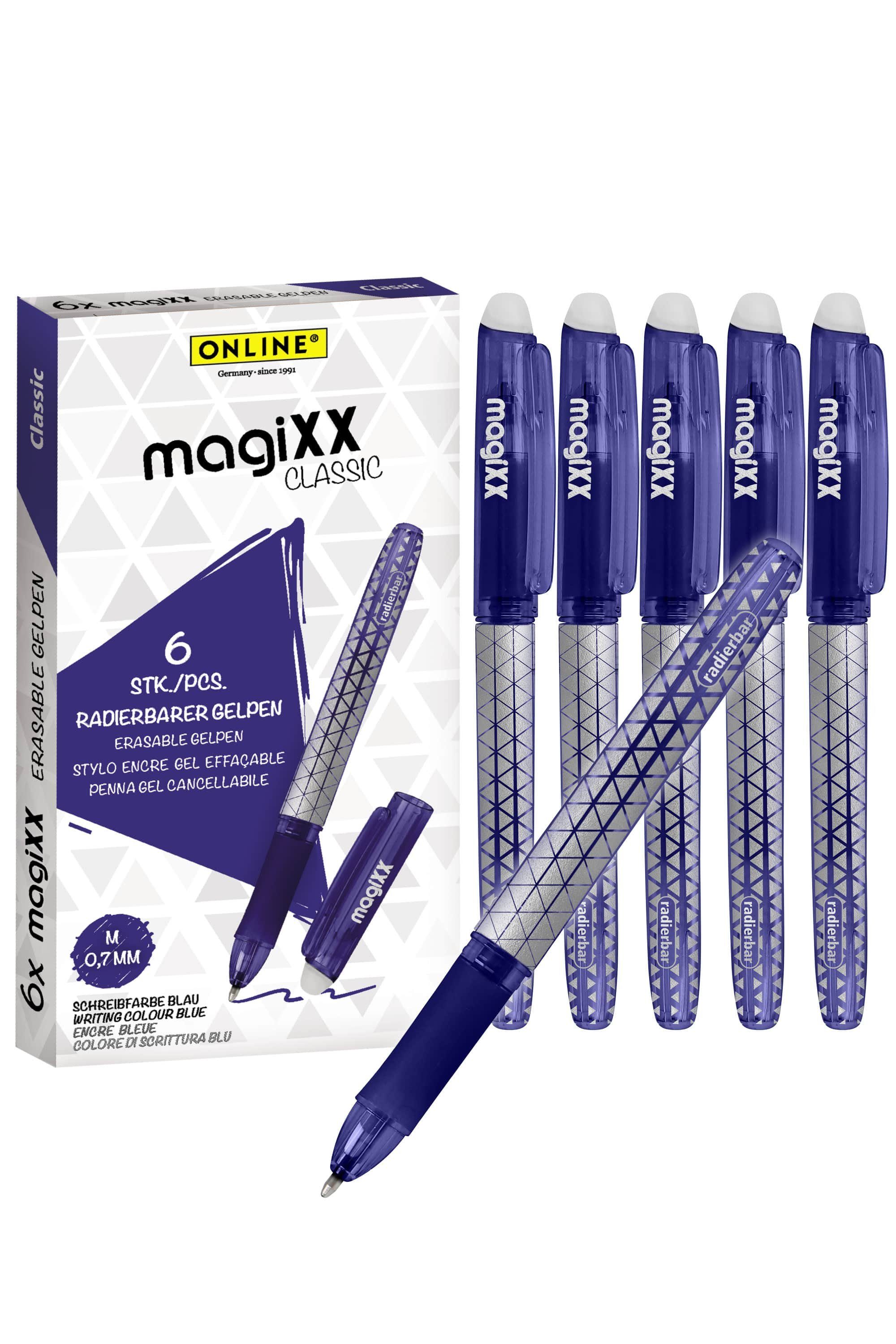 Online Pen Tintenroller magiXX Classic, (6x radierbare Gelschreiber blau, ergonomisches Griffstück), Gelpens für Schüler, Studenten, Büro
