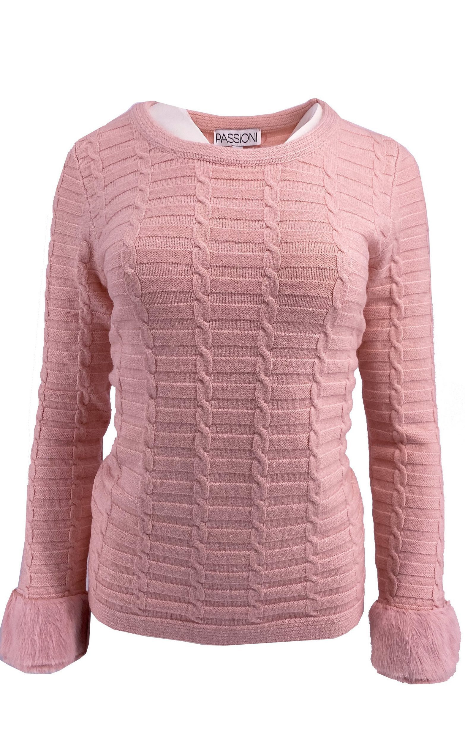 Passioni Rundhalspullover mit Kunstfellbesatz an den Ärmeln Zopfstrick günstig online kaufen