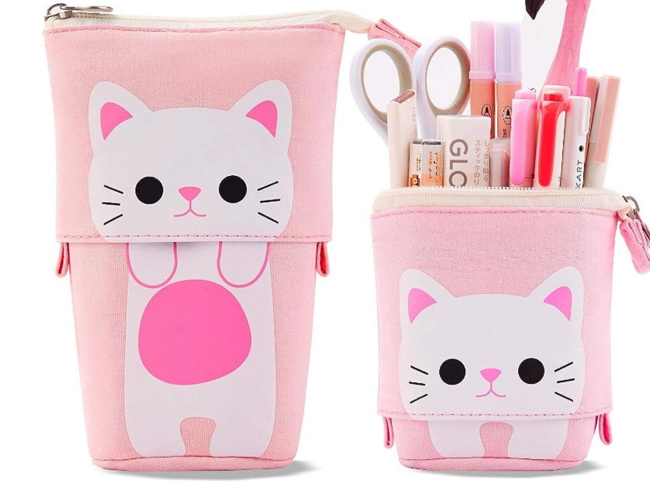 XDeer Federmäppchen Federmäppchen Mädchen,Süßer Katze 2-in-1 Pencil Case /Stifteköcher, für Teenager Schülerin pink