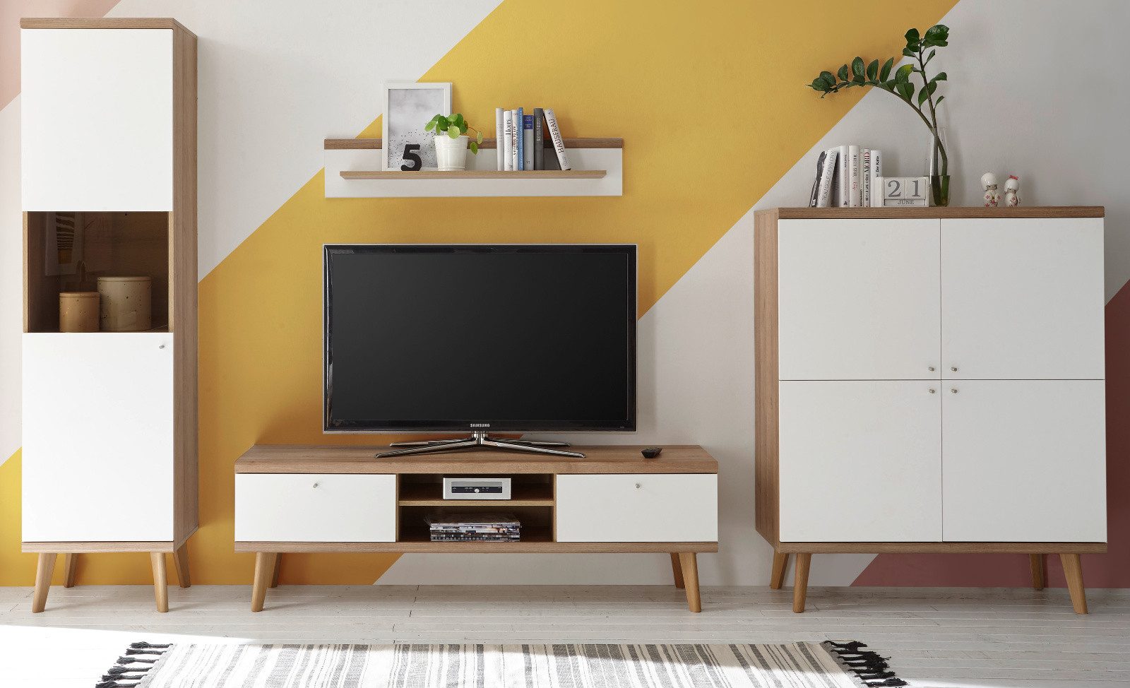 Furn.Design Wohnwand Helge, (in weiß und Eiche Riviera, 4-St., 337 x 197 cm), skandinavisches Design