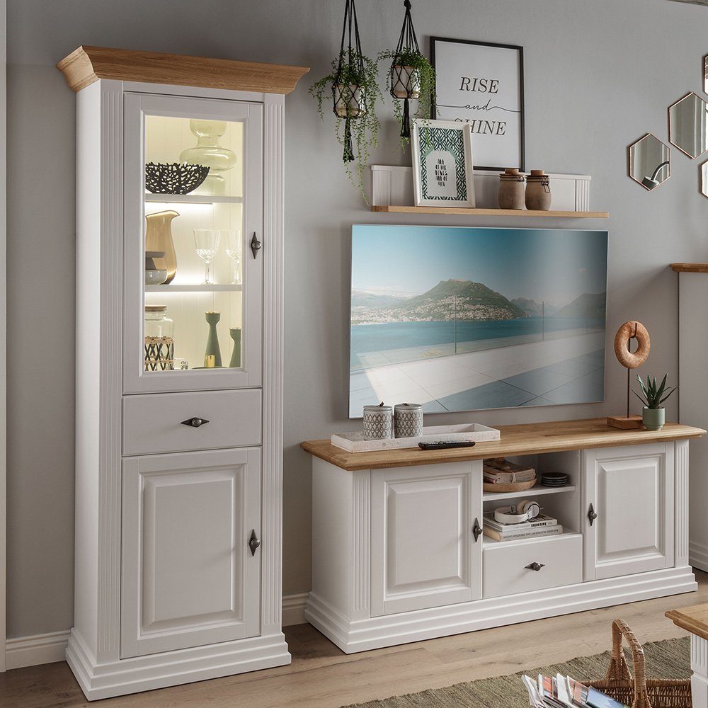 Lomadox Wohnwand ESBJERG-69, (3-St), Kiefer weiß lackiert mit Eiche geölt, Landhausstil, inkl. Beleuchtung