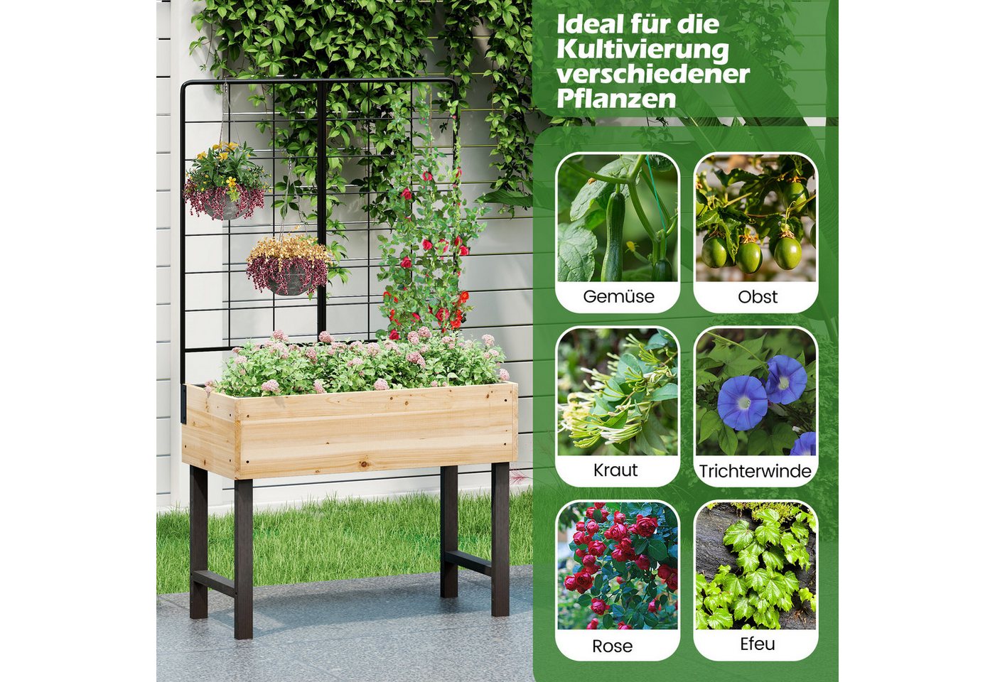 Thumbnail - KOMFOTTEU Blumenkasten, Pflanzkasten Hochbeet mit Rankgitter, 79 x 35 x 138 cm