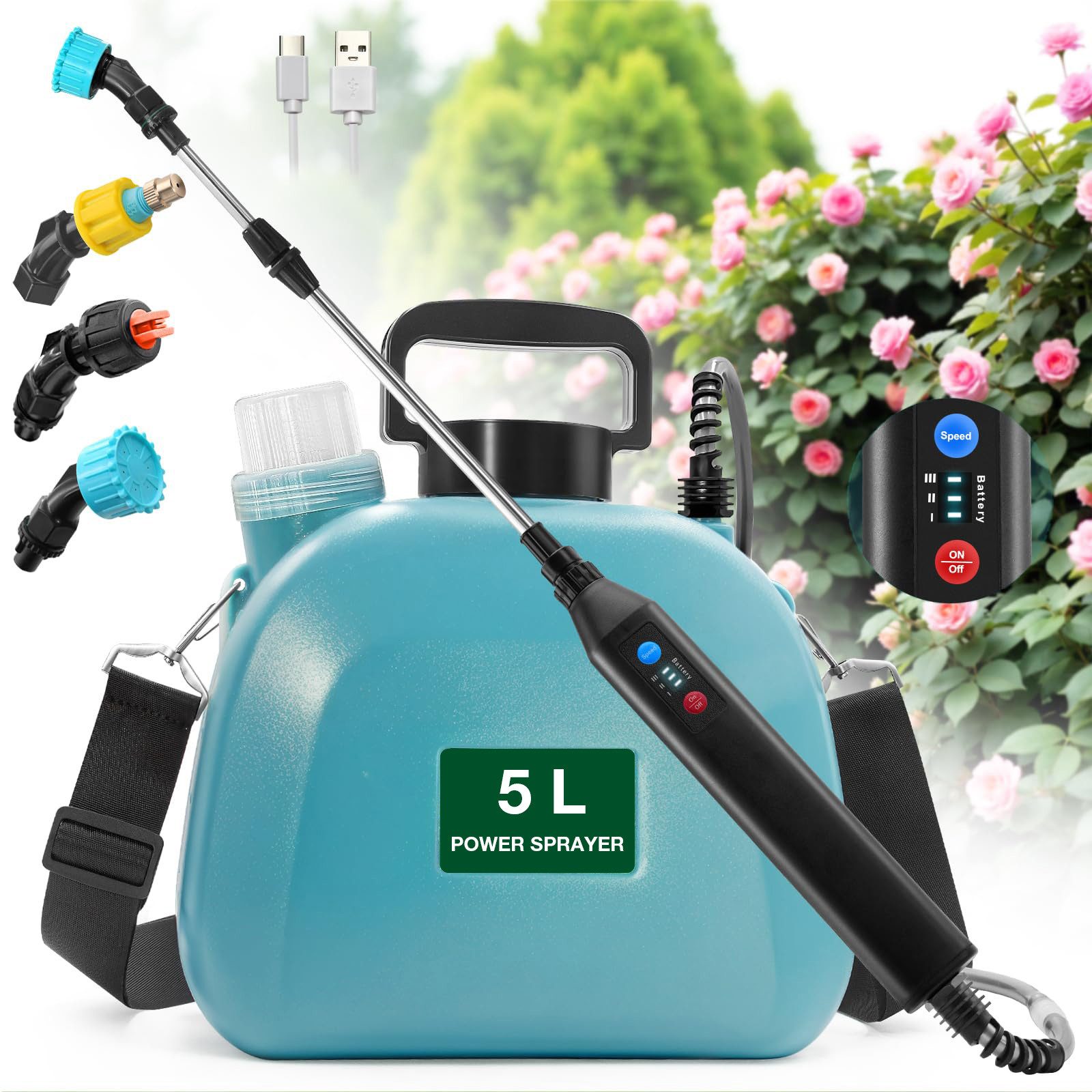 Jibenhome Akku-Drucksprühgerät 5L Elektrisches Gartensprühgerät mit 3 einstellbaren Geschwindigkeiten, Wiederaufladbarer Griff,mit 3 Sprühdüsen & Schultergurt
